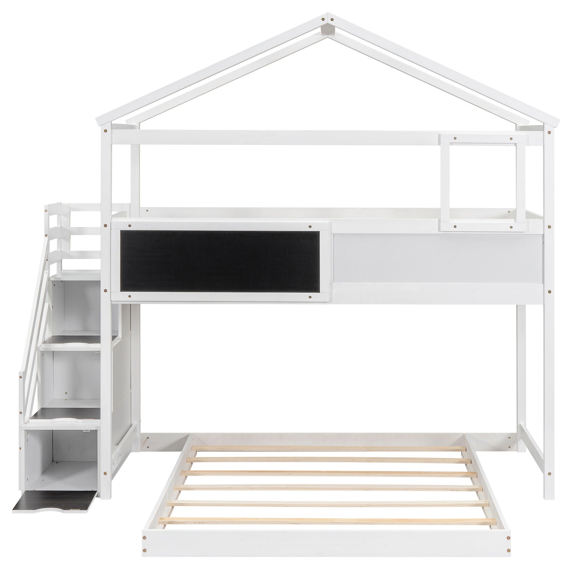 House Style Bunk Bed With Storage Staircase And Blackboard