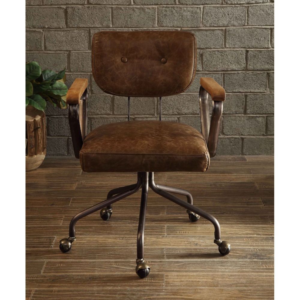 ACME Our durable Hallie office chair gets its industrial look from oversized button tufted back and vintage top grain leather. The 5-star swivel base fitted with casters, it keeps you moving from one task to the next. Some Assembly Required. | Meri Furnit