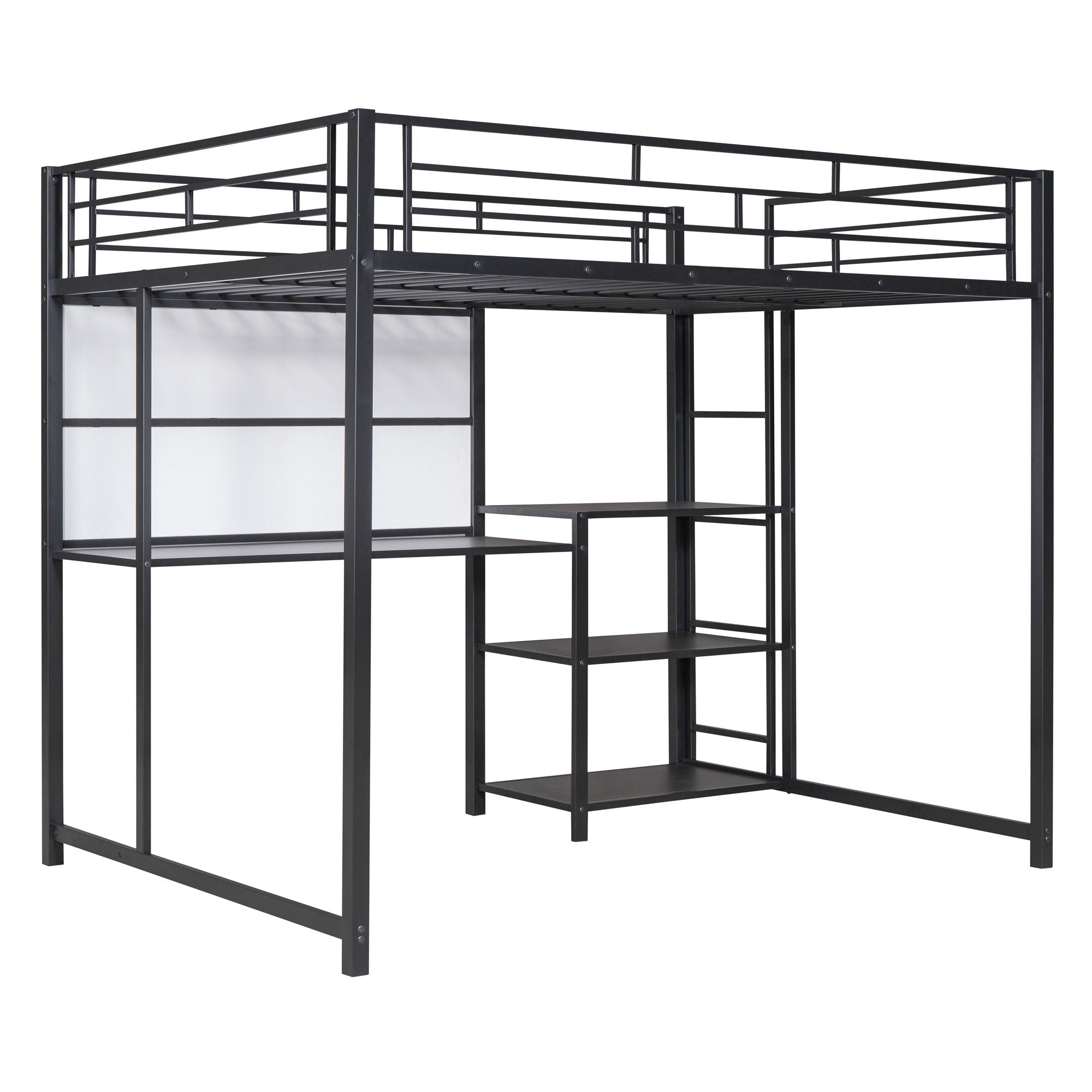 Metal Loft Bed With Desk, 3 Shelves And Ladder