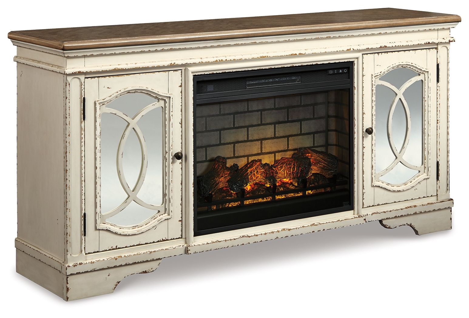 Signature Design by Ashley® Realyn - Chipped White - 2 Pc. - 74" TV Stand With Electric Infrared Fireplace Insert | Meri Furniture