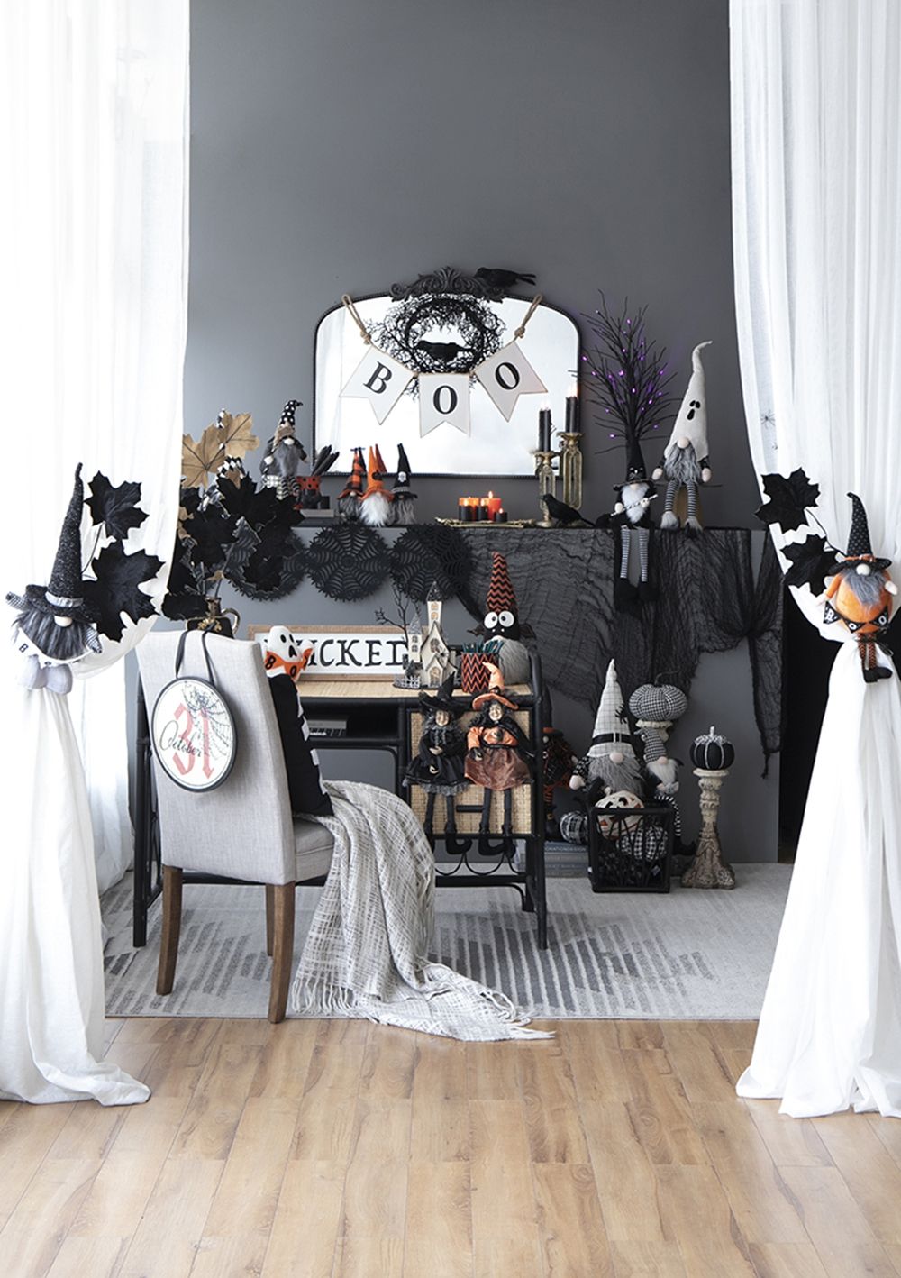 Sitting Gnome With Broomstick & Long Legs, For Halloween Decor - Black White