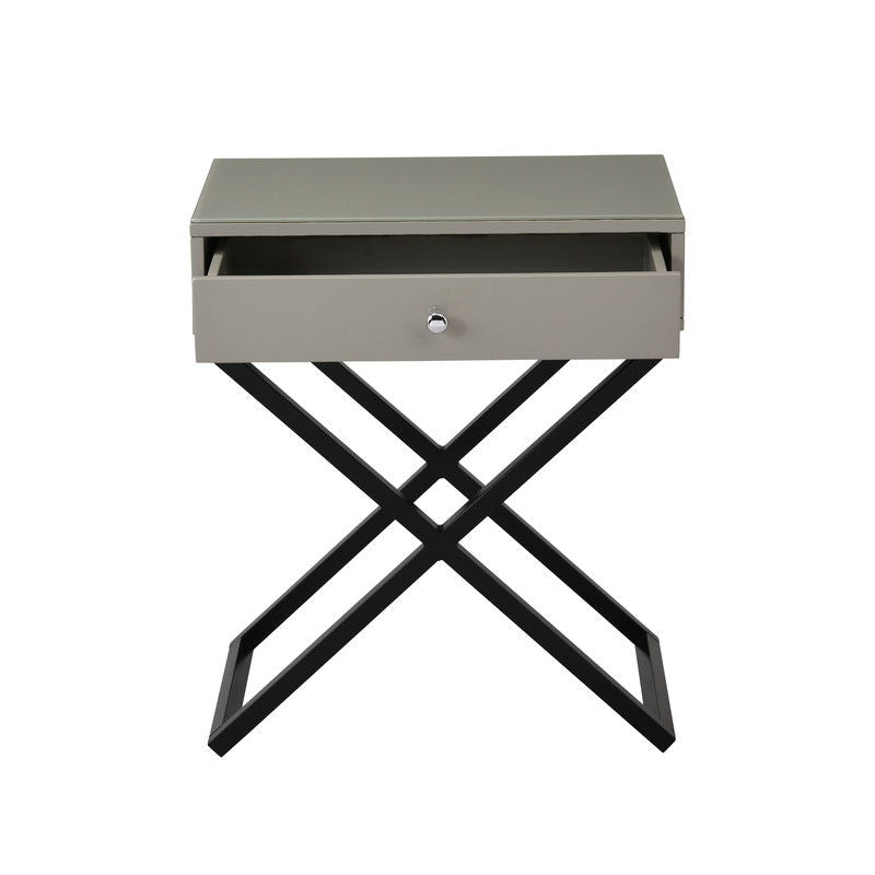 Koda 23"W Taupe Wooden End Side Table Nightstand with Glass Top, Drawer and Metal Cross Base
