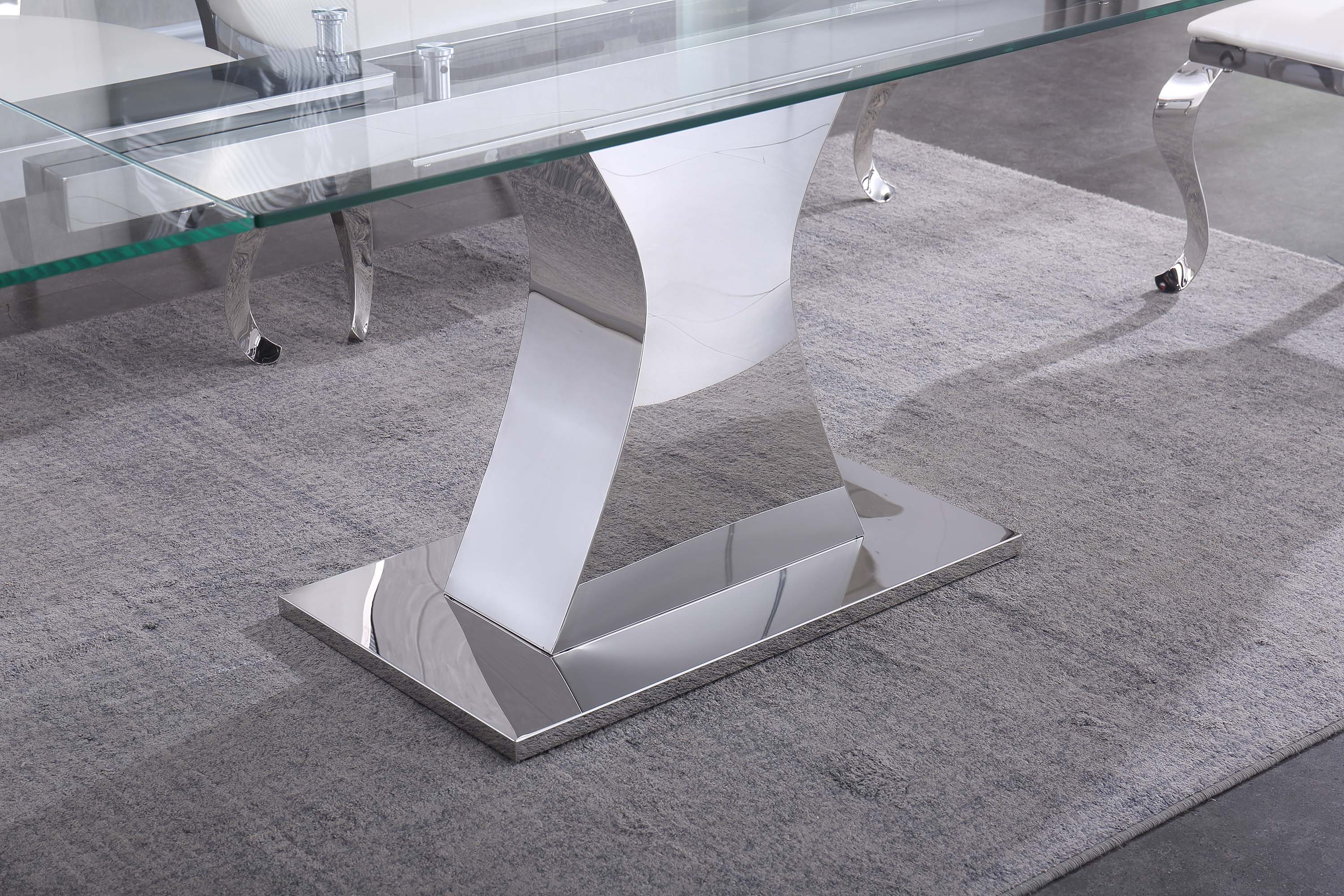 Extendable Dining Table with 12mm Tempered Glass Top, Stainless Steel Base