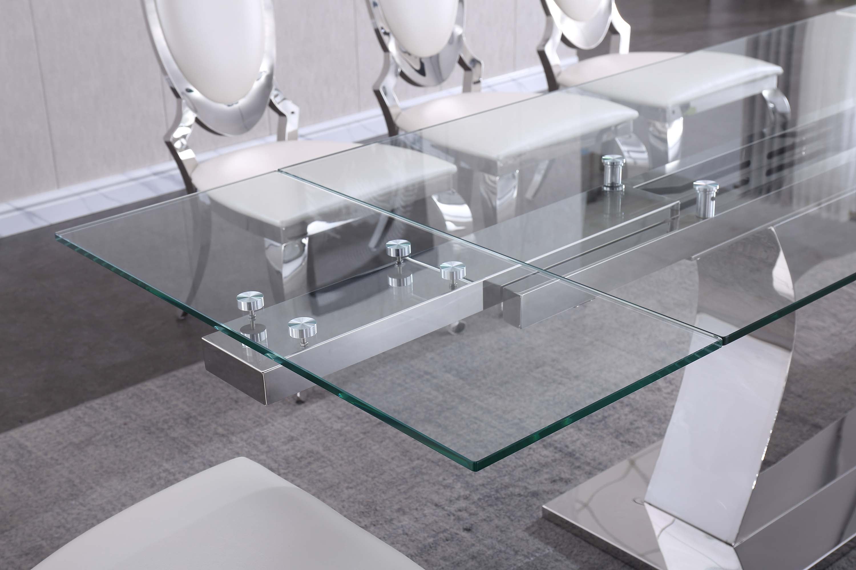 Extendable Dining Table with 12mm Tempered Glass Top, Stainless Steel Base