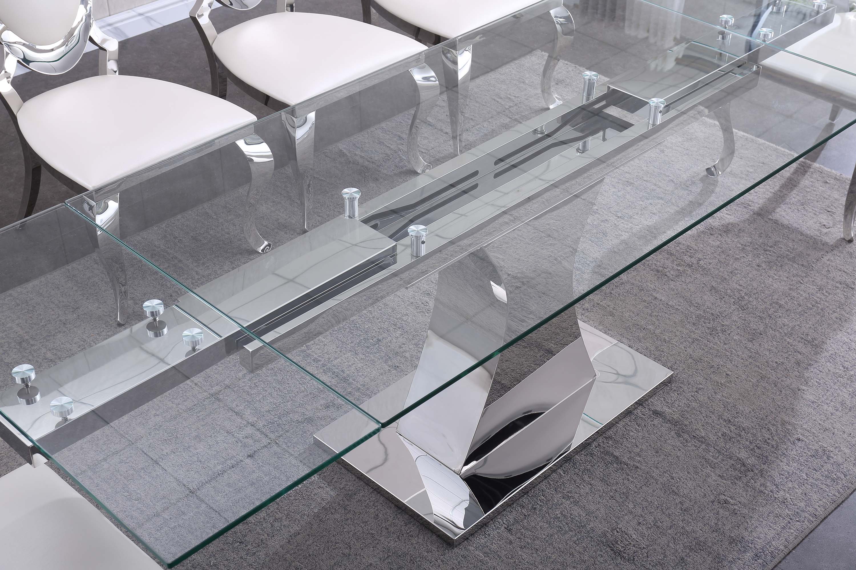 Extendable Dining Table with 12mm Tempered Glass Top, Stainless Steel Base