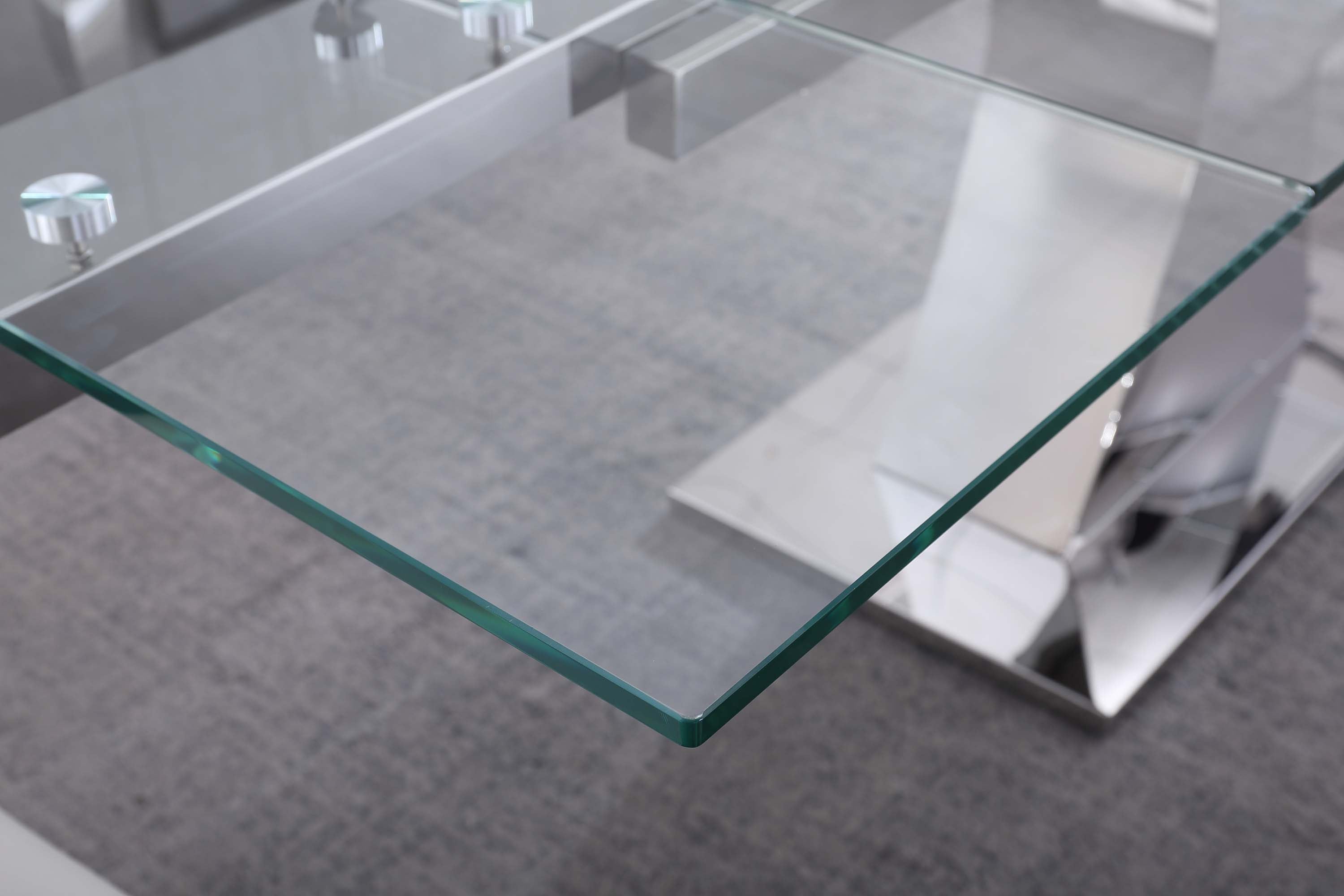 Extendable Dining Table with 12mm Tempered Glass Top, Stainless Steel Base