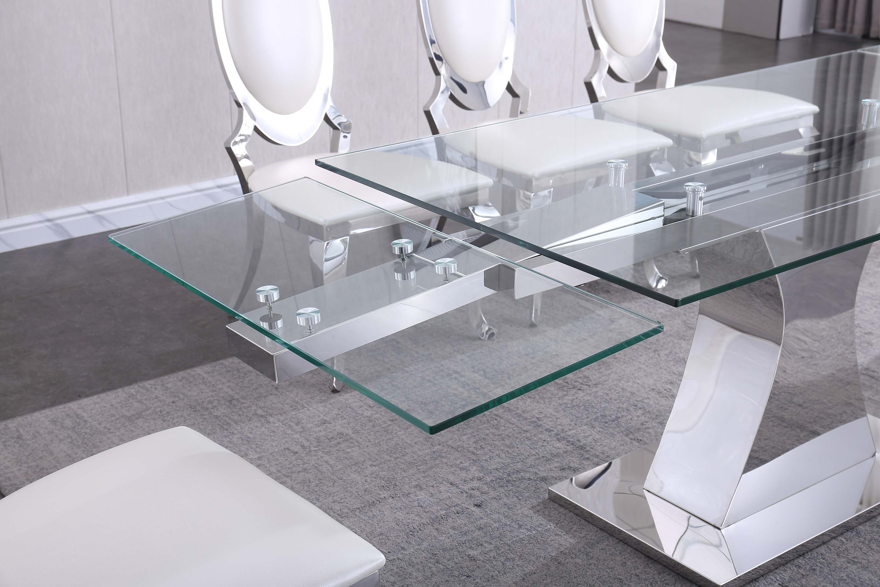Extendable Dining Table with 12mm Tempered Glass Top, Stainless Steel Base