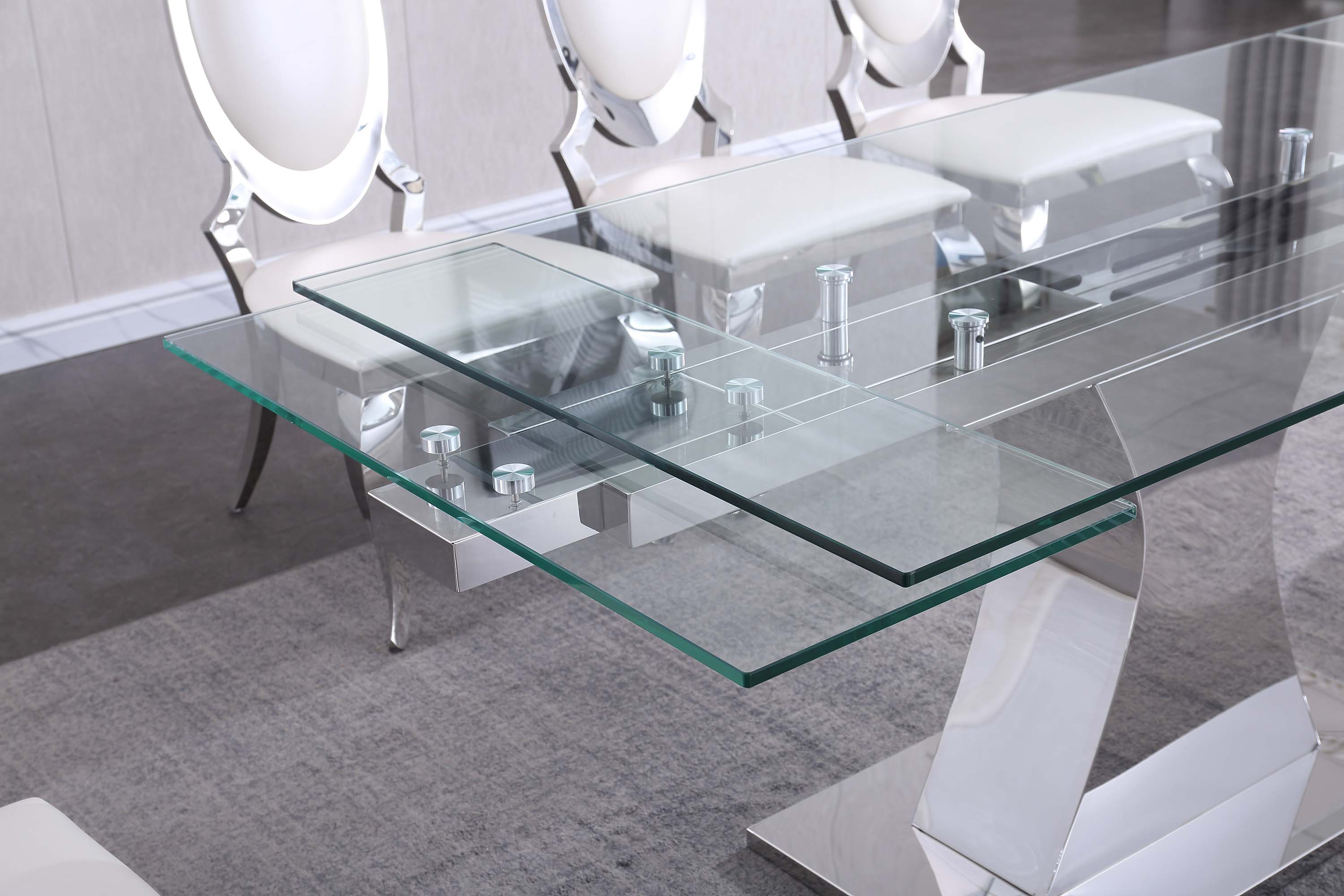 Extendable Dining Table with 12mm Tempered Glass Top, Stainless Steel Base