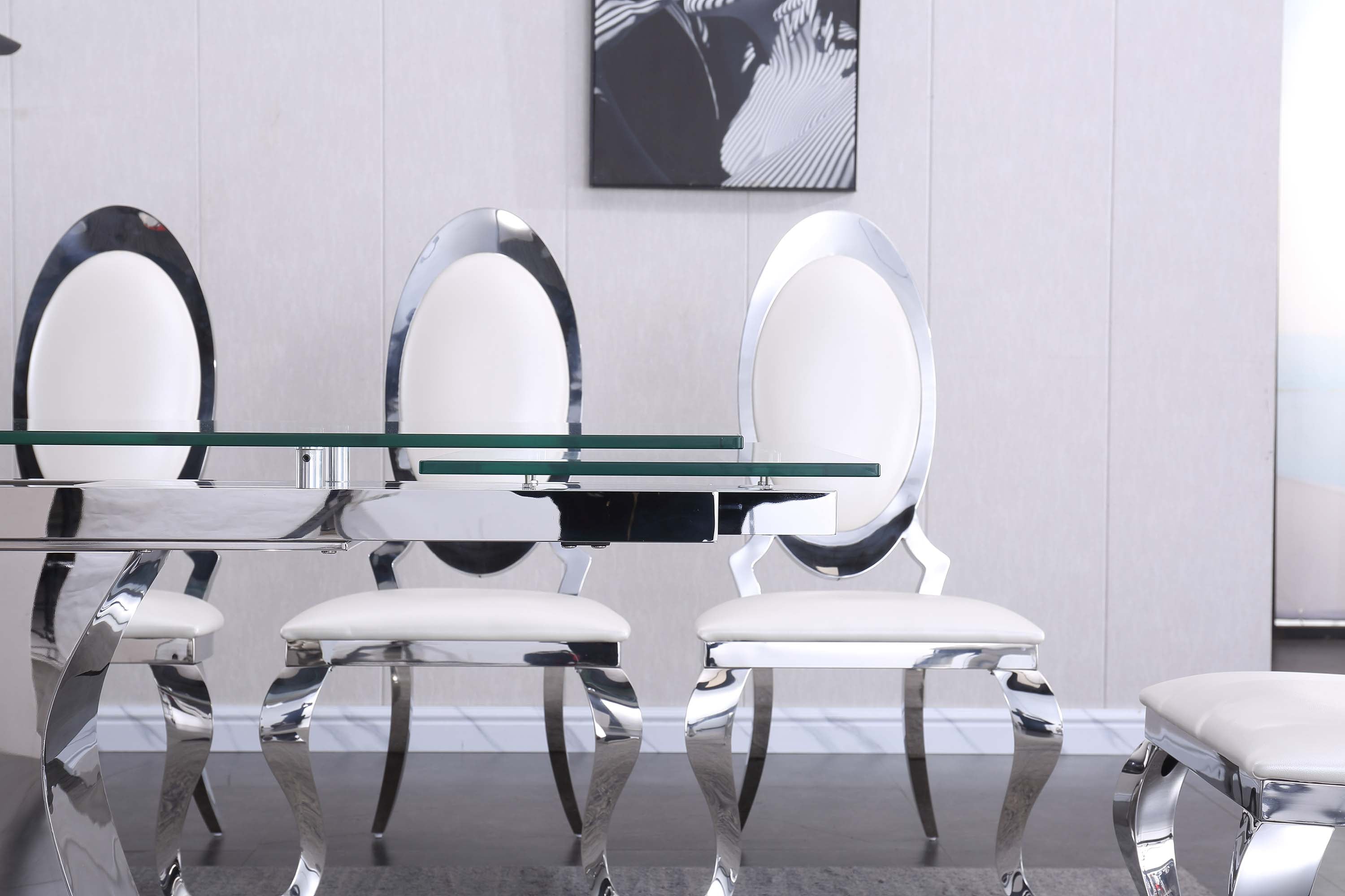 Extendable Dining Table with 12mm Tempered Glass Top, Stainless Steel Base