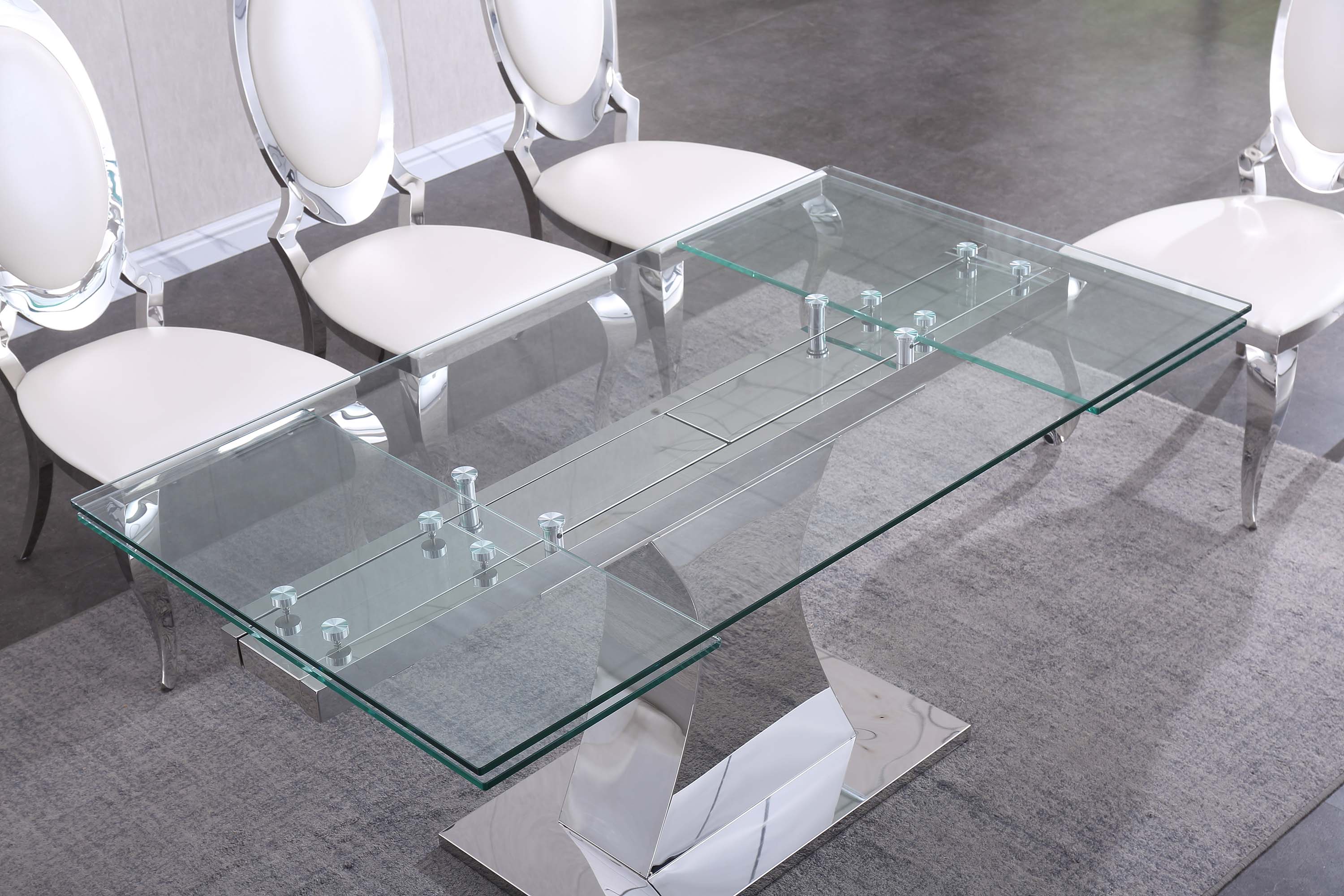 Extendable Dining Table with 12mm Tempered Glass Top, Stainless Steel Base