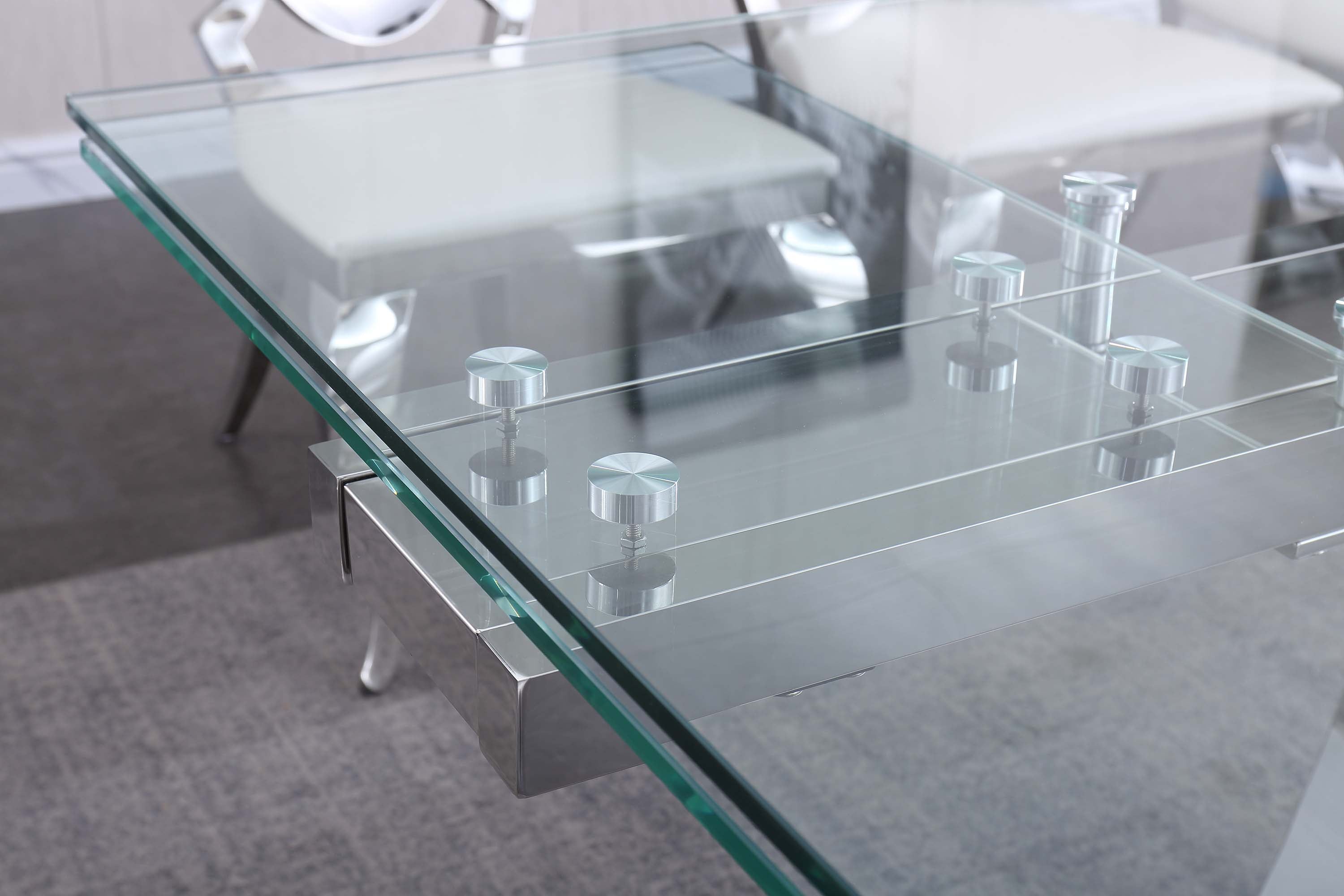 Extendable Dining Table with 12mm Tempered Glass Top, Stainless Steel Base