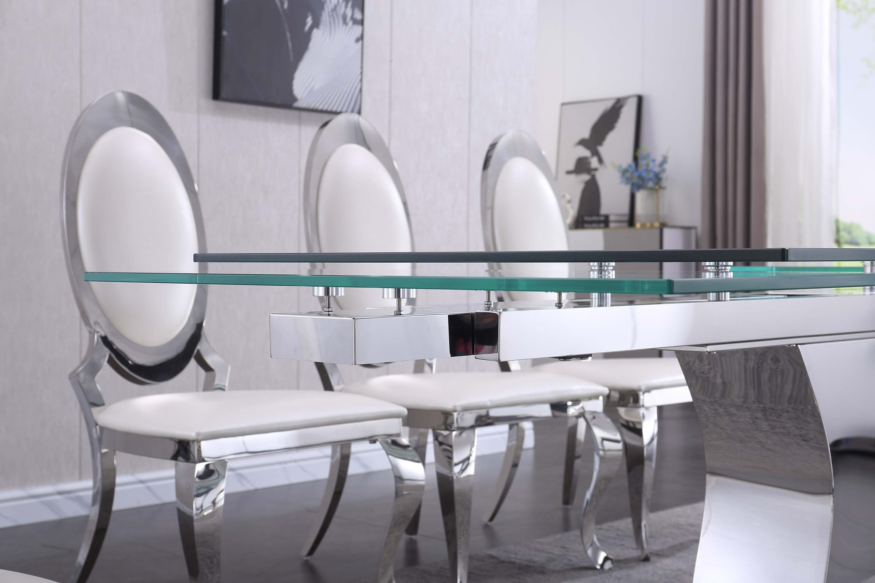 Extendable Dining Table with 12mm Tempered Glass Top, Stainless Steel Base