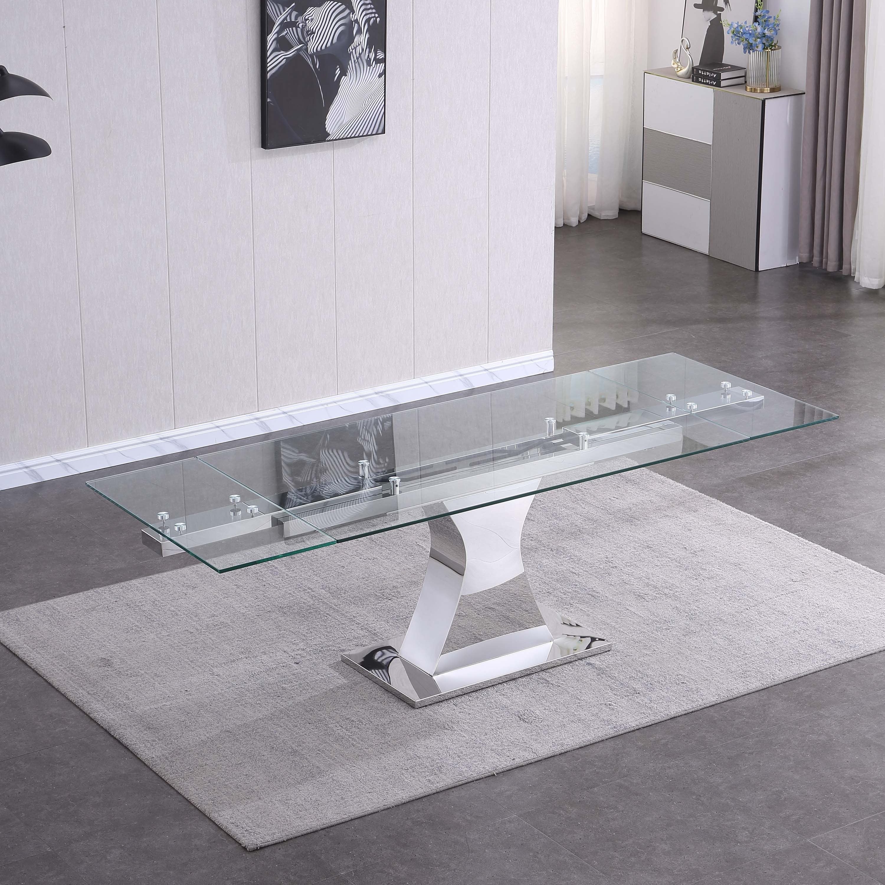 Extendable Dining Table with 12mm Tempered Glass Top, Stainless Steel Base
