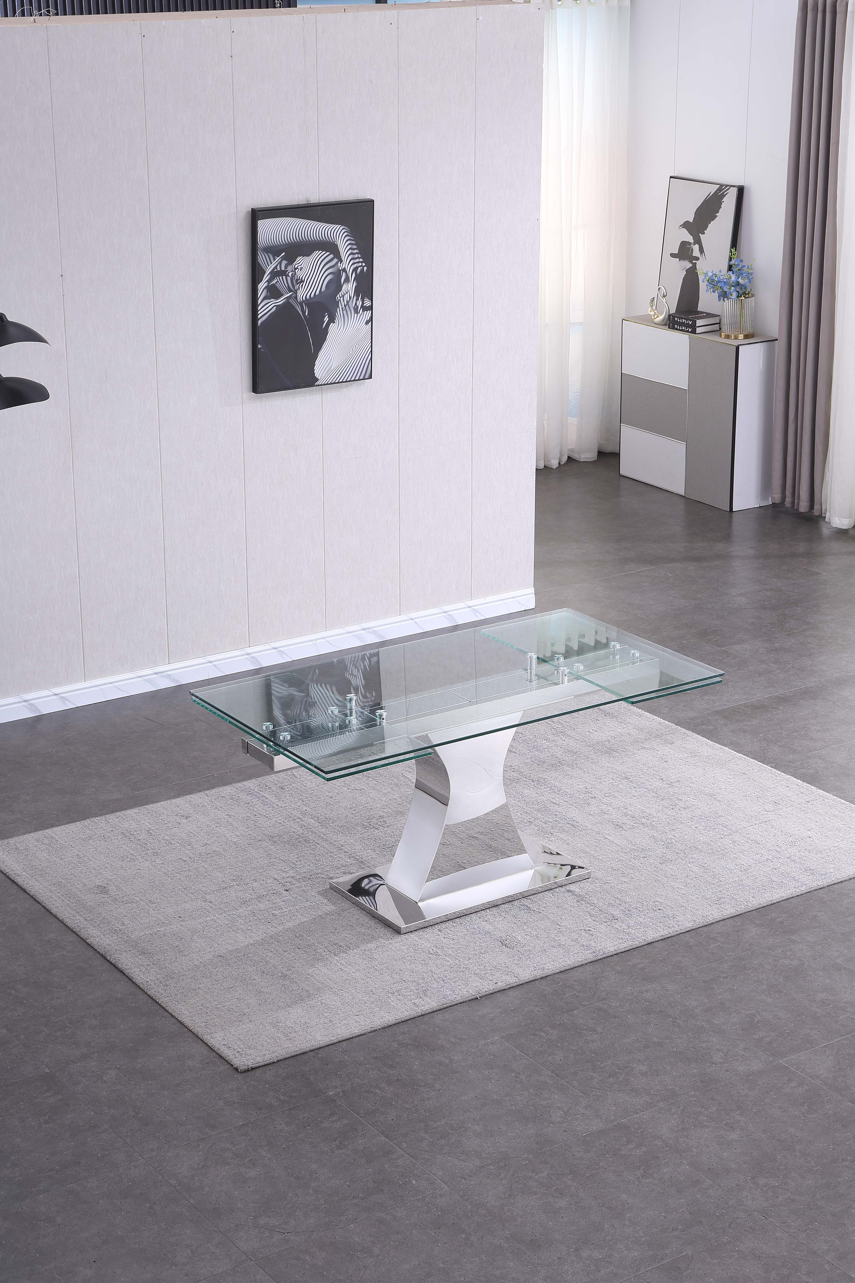 Extendable Dining Table with 12mm Tempered Glass Top, Stainless Steel Base