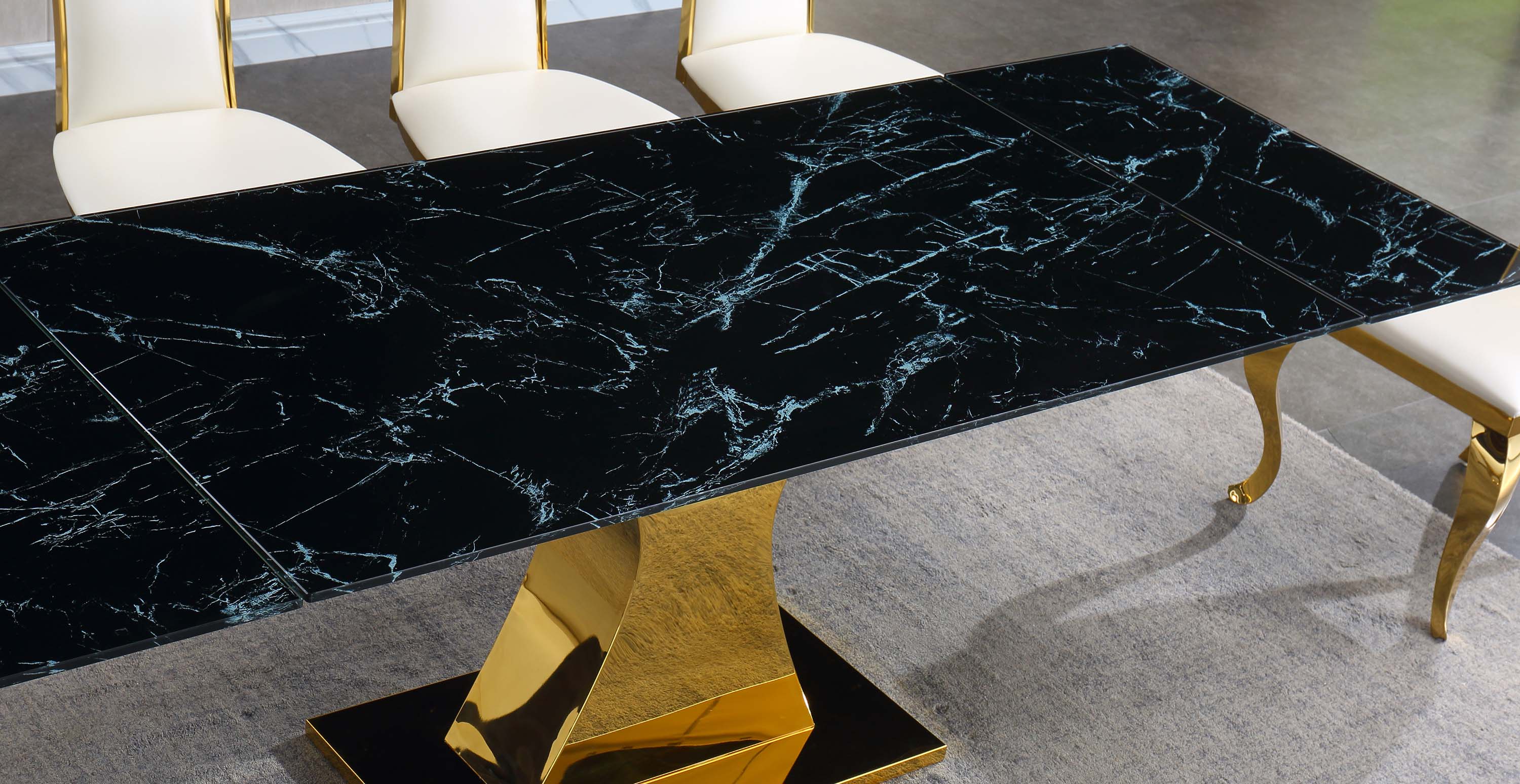 Extendable Dining Table with 12mm Tempered Glass Top, Stainless Steel Base