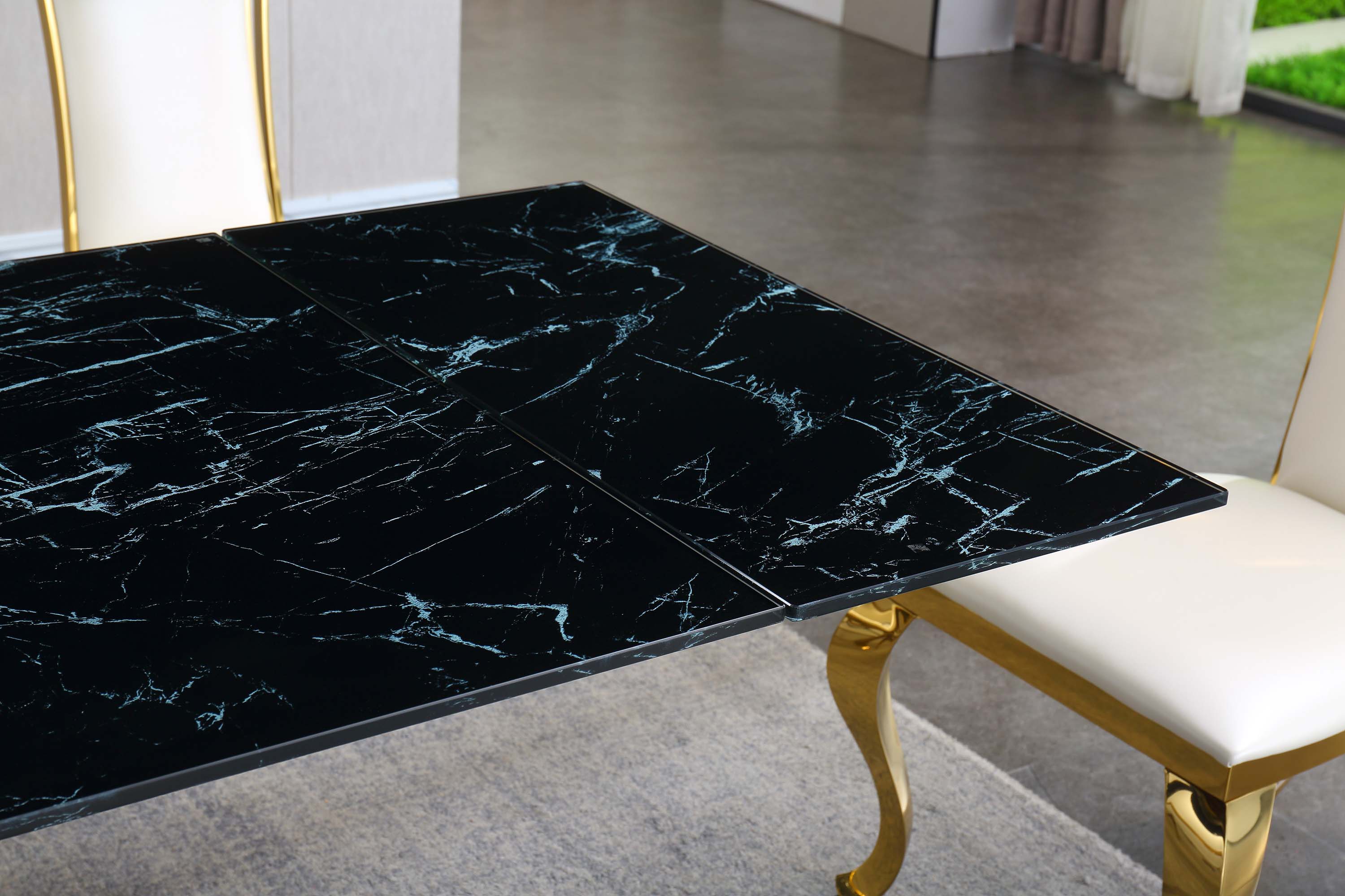 Extendable Dining Table with 12mm Tempered Glass Top, Stainless Steel Base