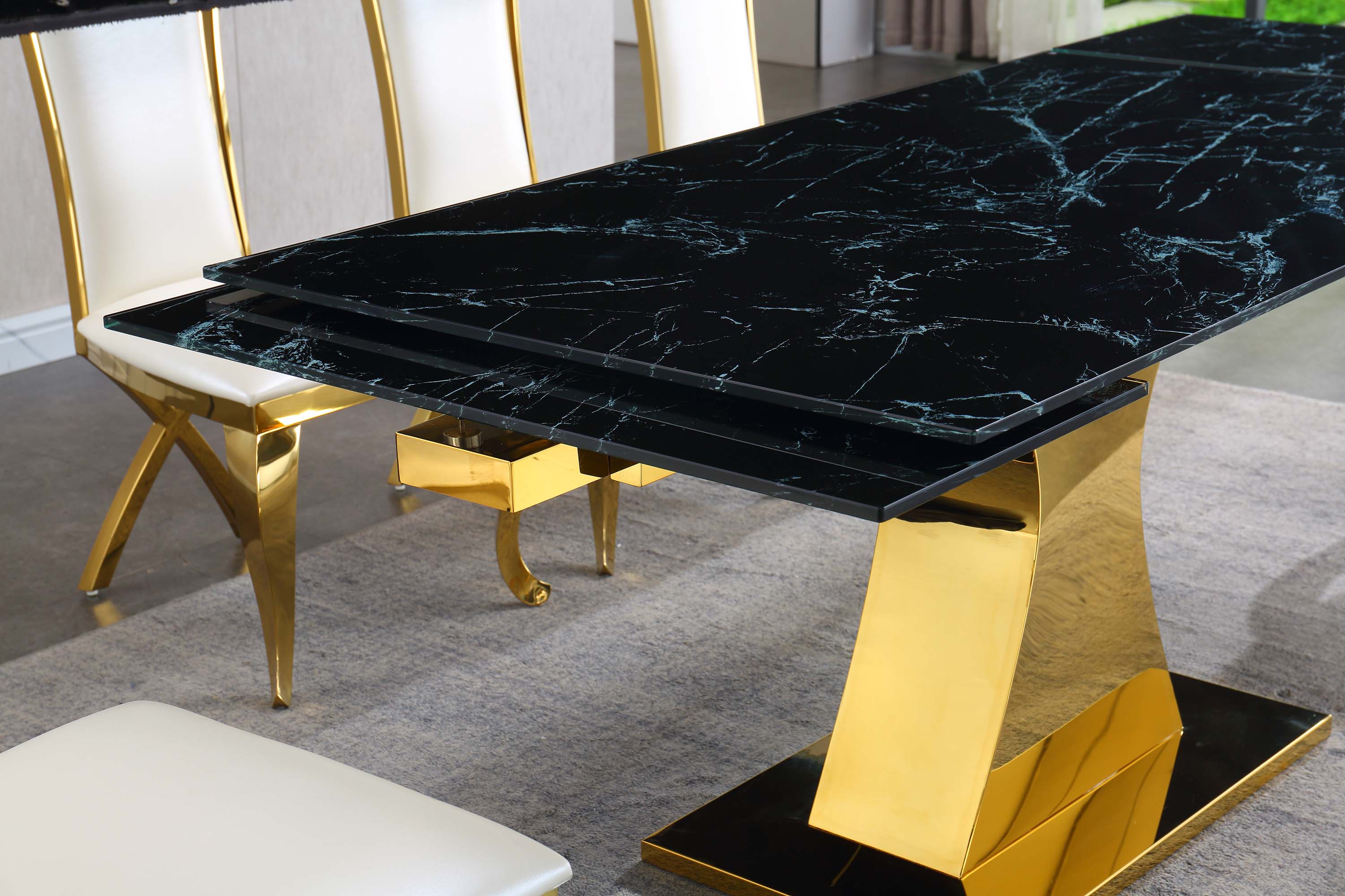 Extendable Dining Table with 12mm Tempered Glass Top, Stainless Steel Base