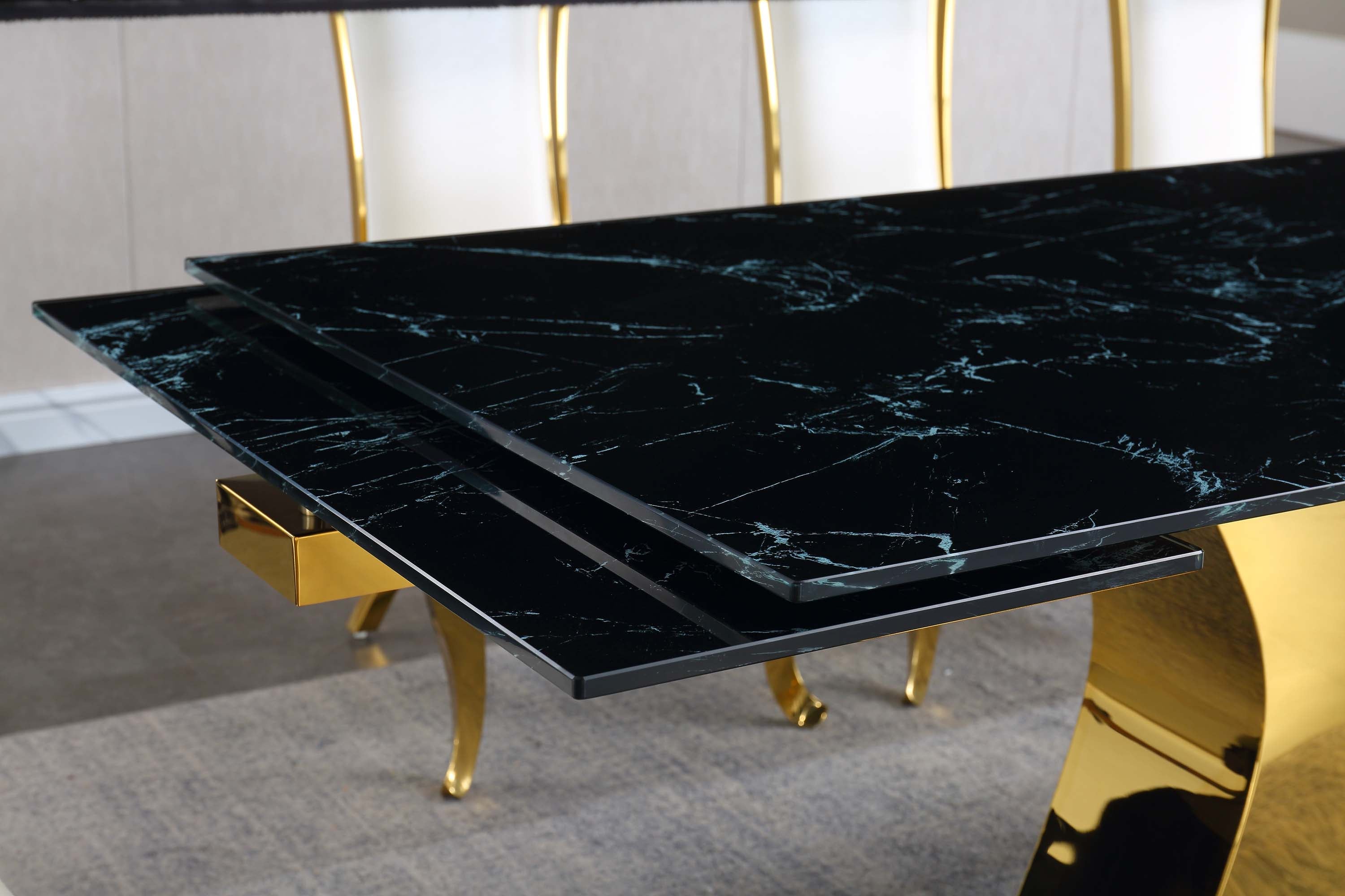 Extendable Dining Table with 12mm Tempered Glass Top, Stainless Steel Base