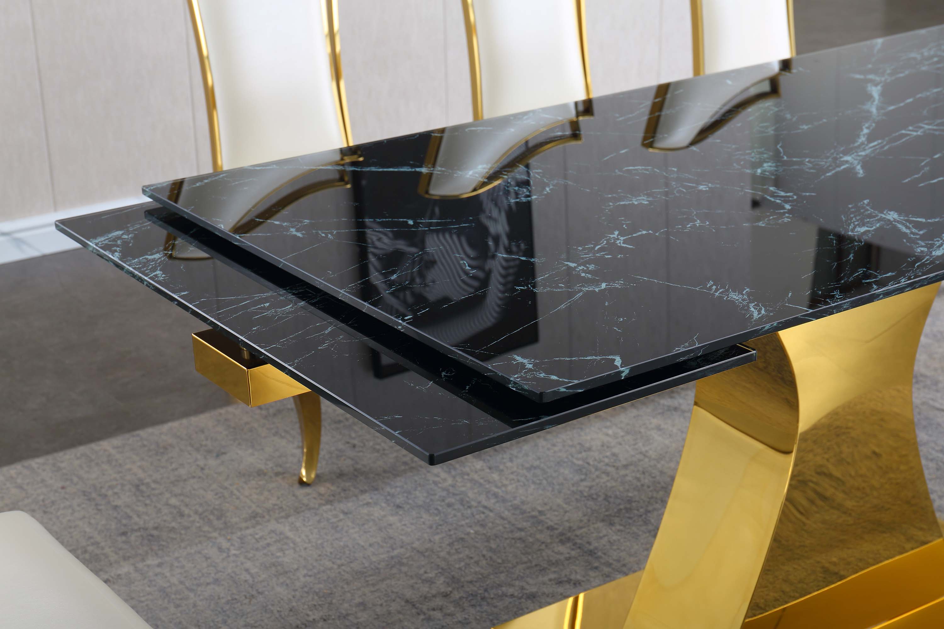 Extendable Dining Table with 12mm Tempered Glass Top, Stainless Steel Base