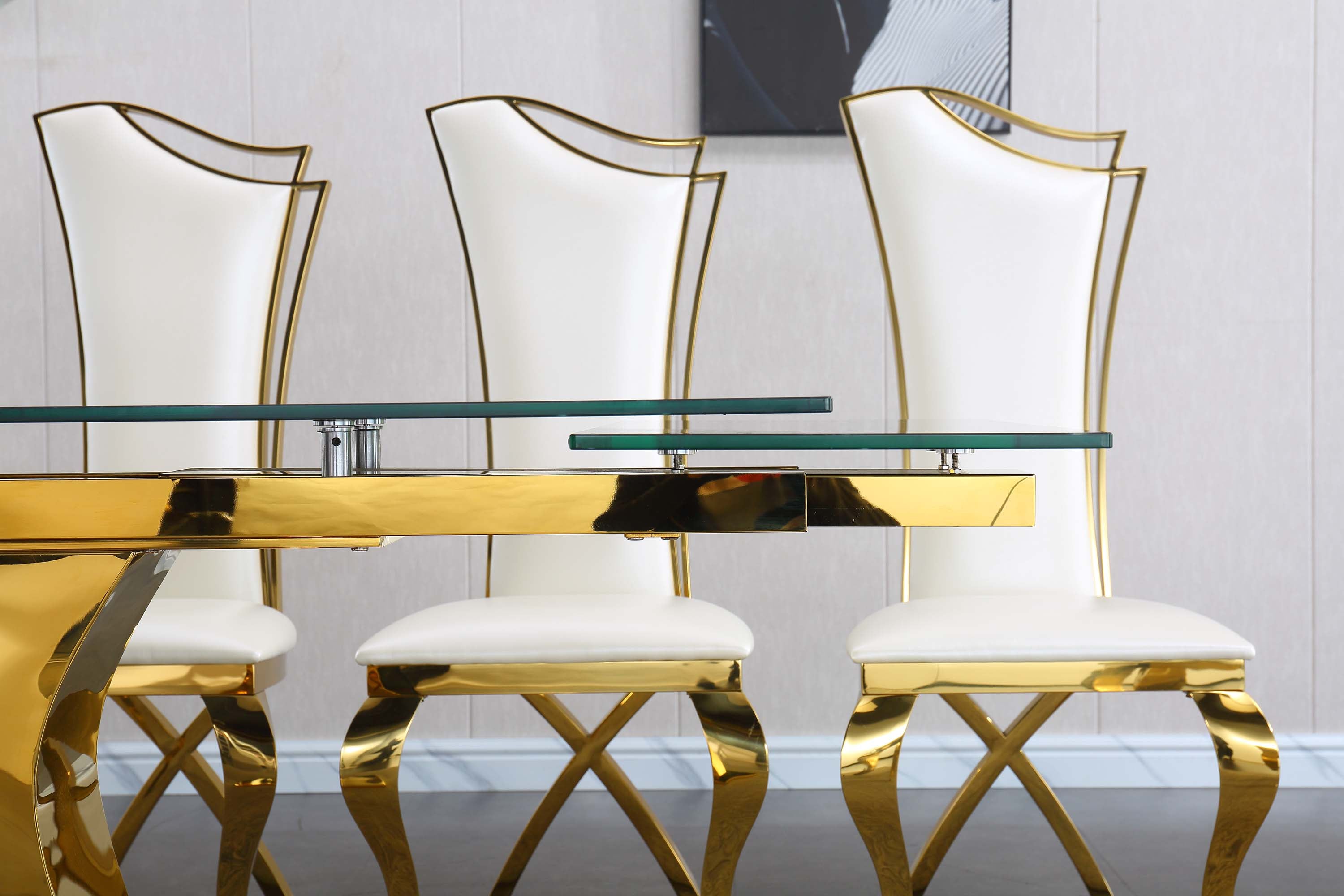 Extendable Dining Table with 12mm Tempered Glass Top, Stainless Steel Base