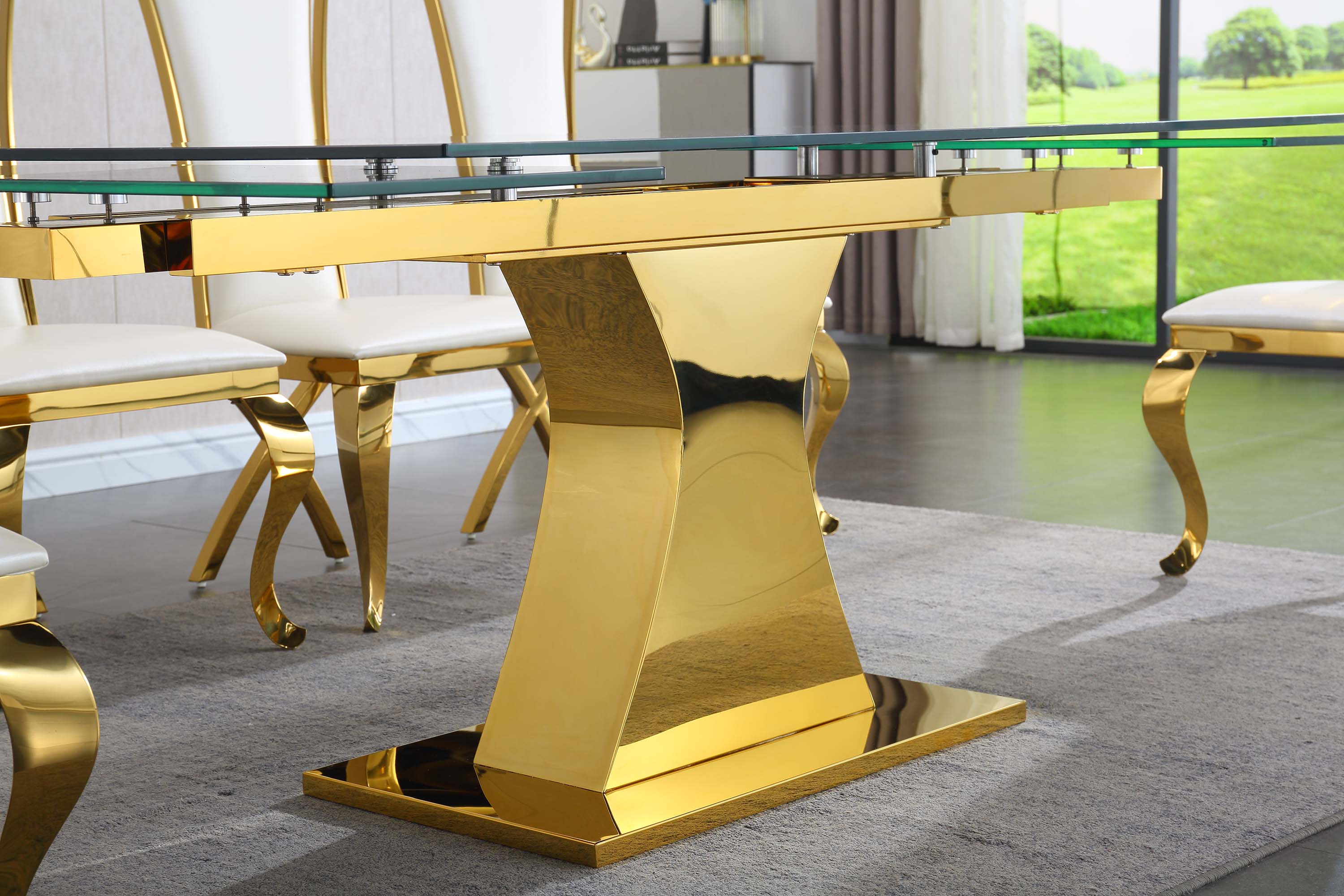Extendable Dining Table with 12mm Tempered Glass Top, Stainless Steel Base