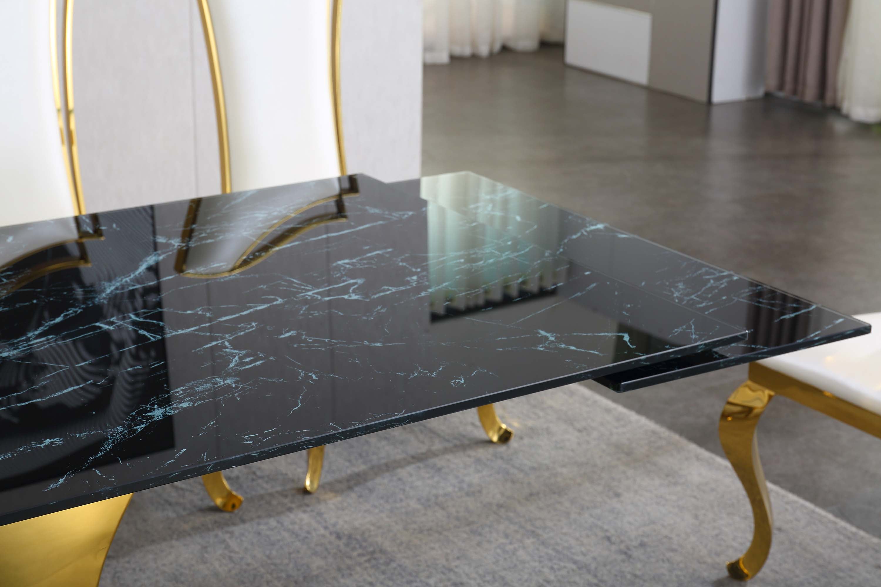 Extendable Dining Table with 12mm Tempered Glass Top, Stainless Steel Base