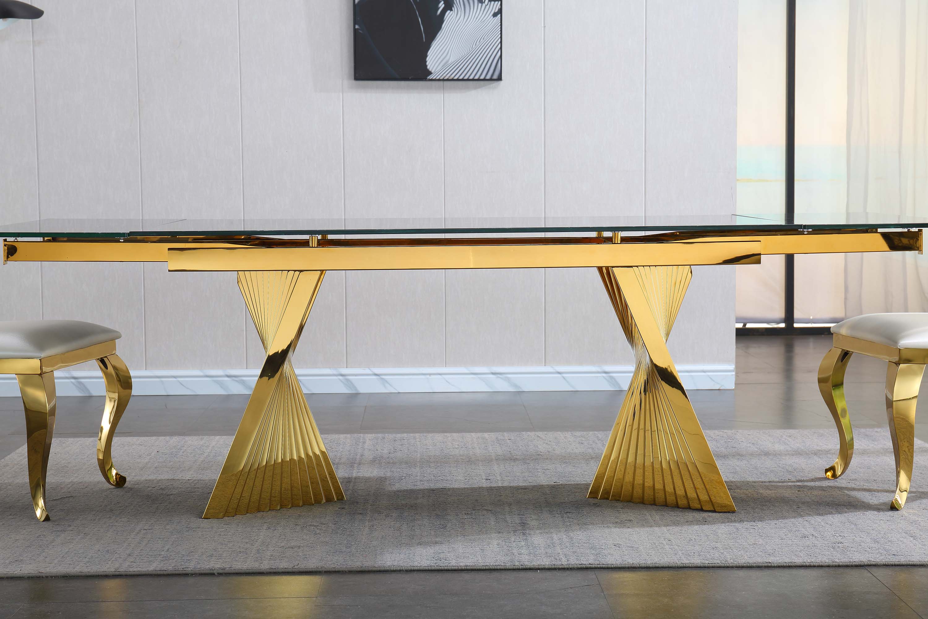 Extendable Dining Table with Marble Tempered Glass Top