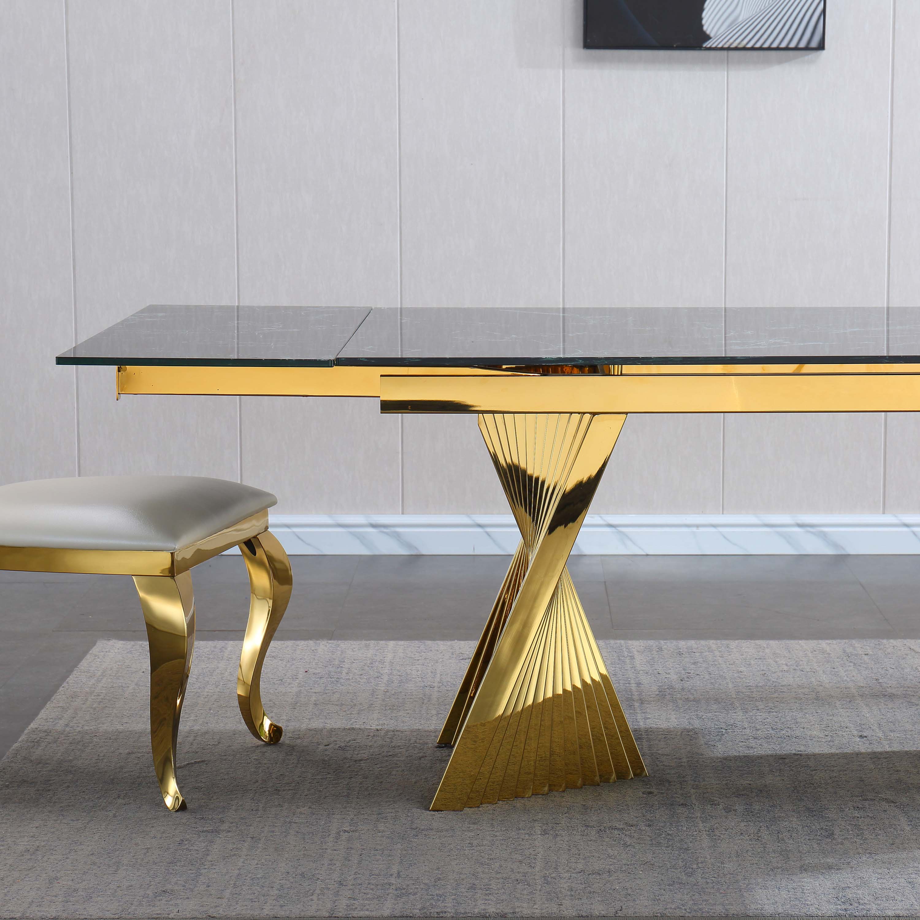 Extendable Dining Table with Marble Tempered Glass Top