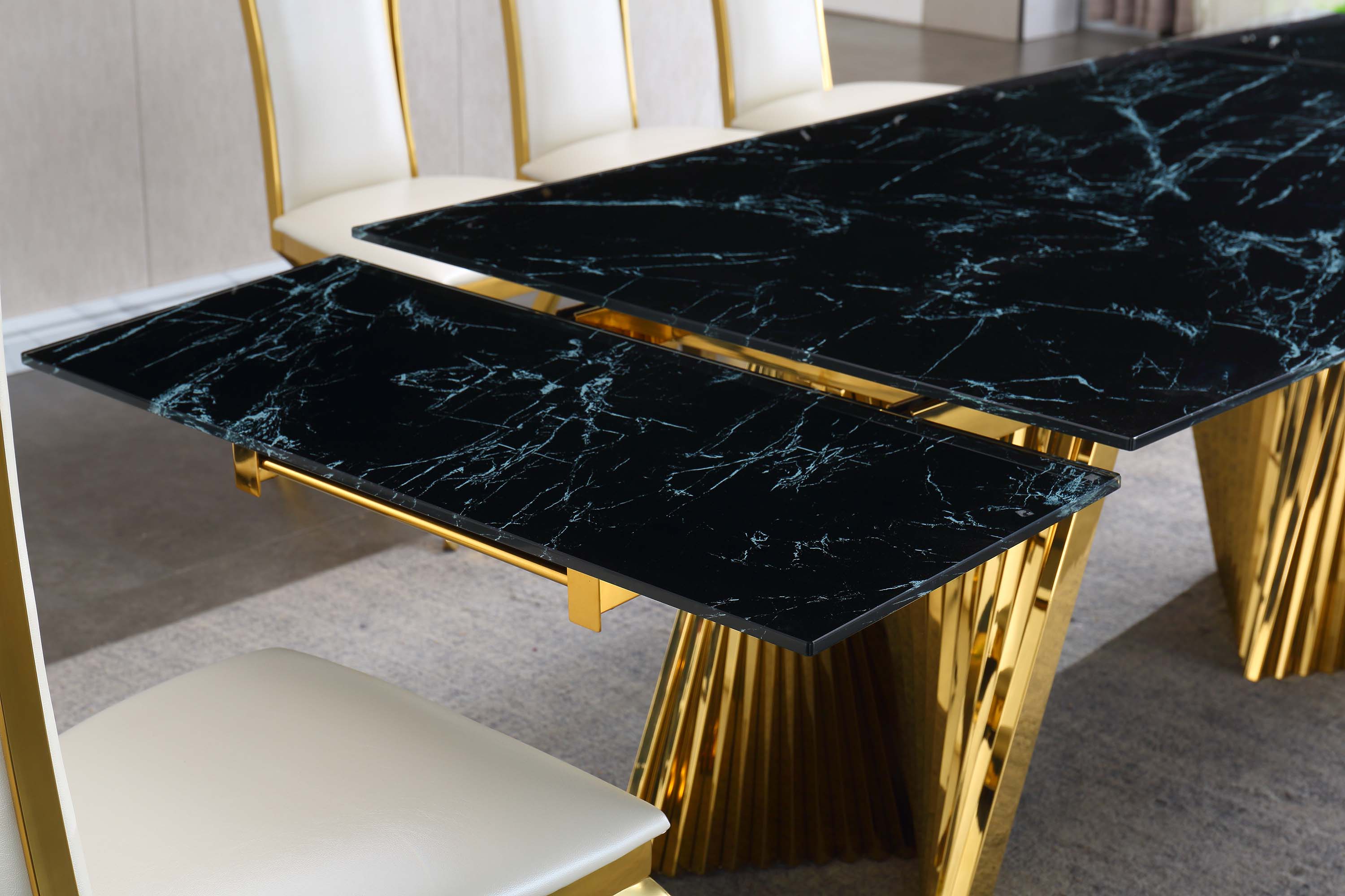 Extendable Dining Table with Marble Tempered Glass Top