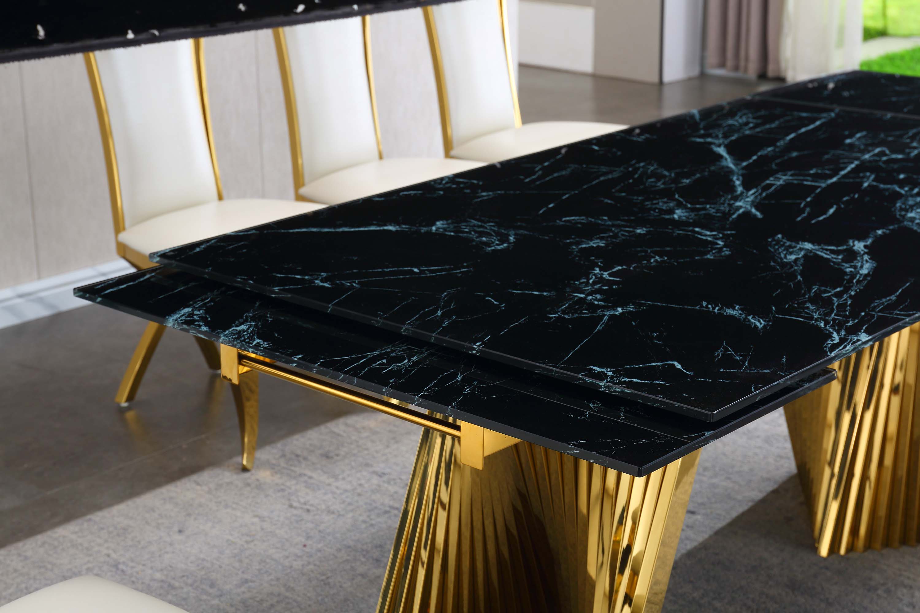 Extendable Dining Table with Marble Tempered Glass Top