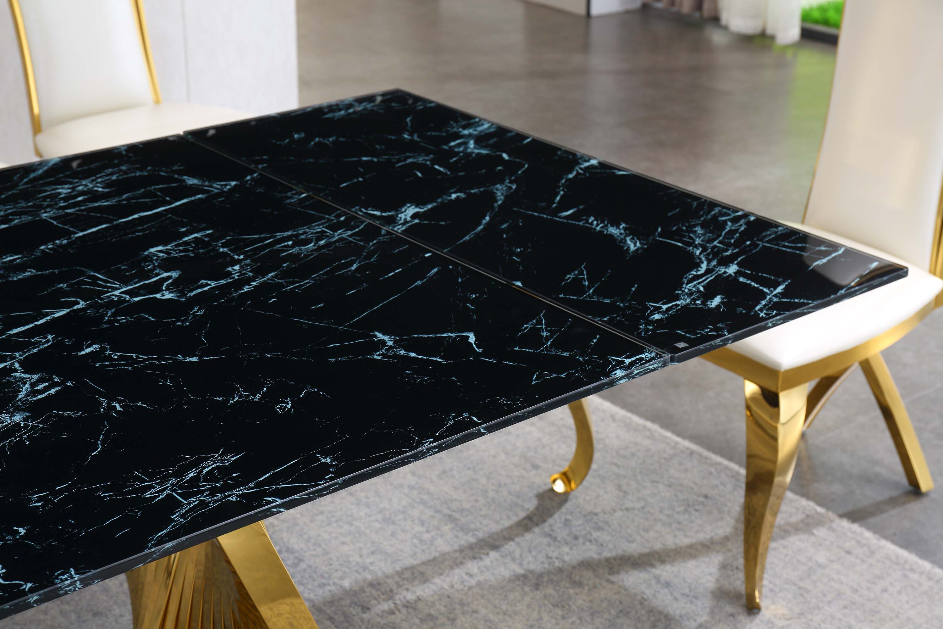 Extendable Dining Table with Marble Tempered Glass Top