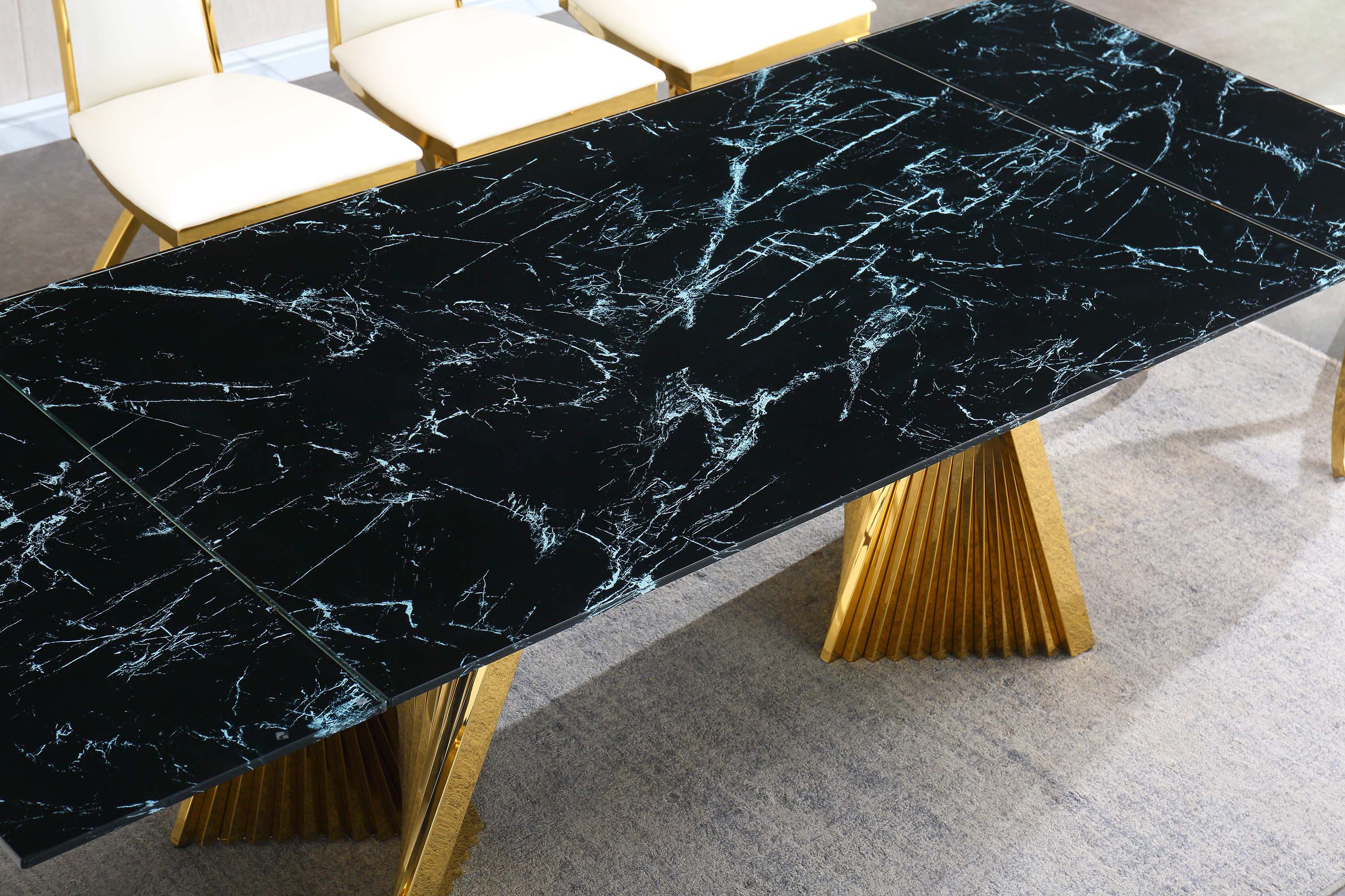 Extendable Dining Table with Marble Tempered Glass Top