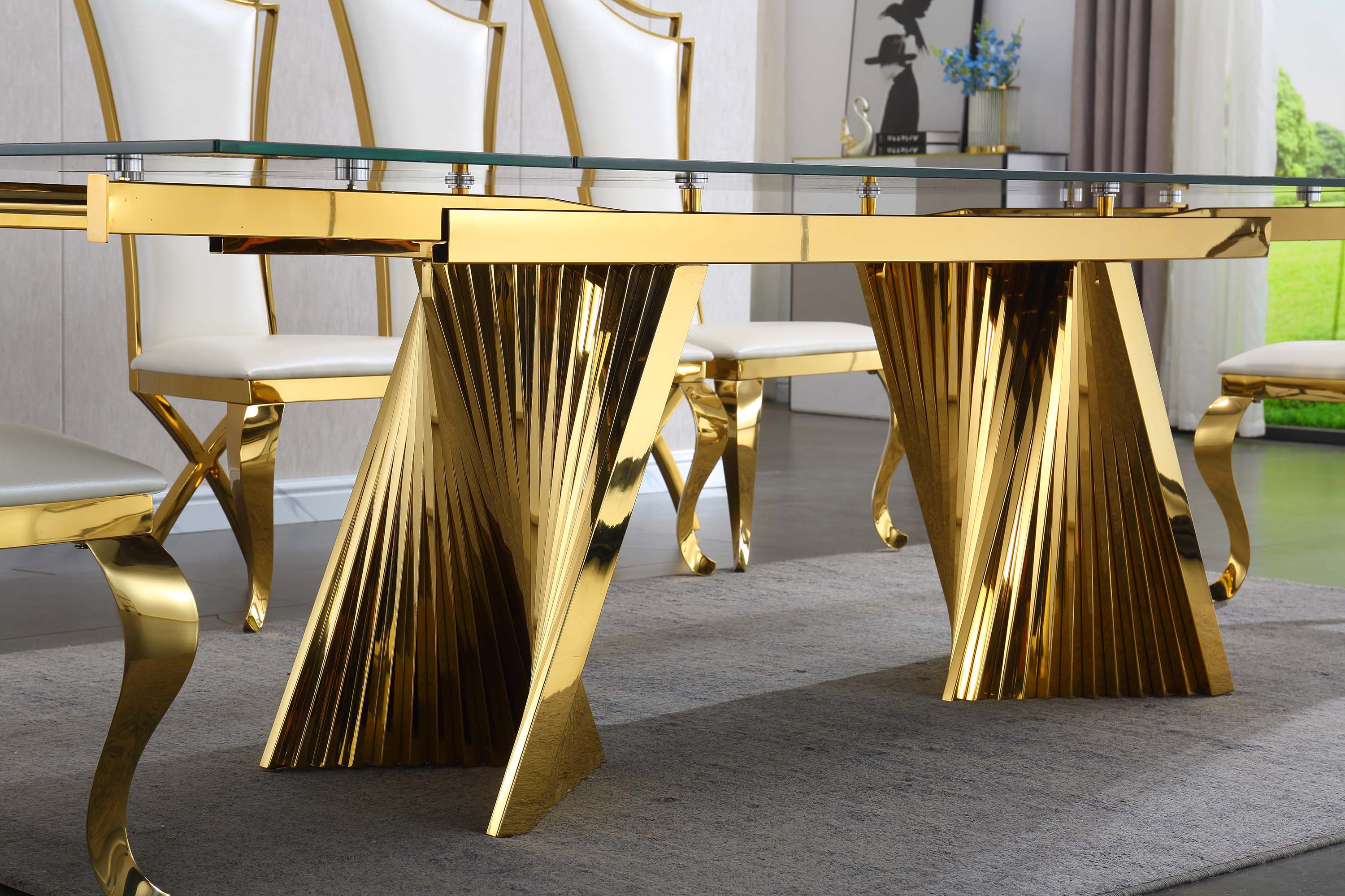 Extendable Dining Table with Marble Tempered Glass Top