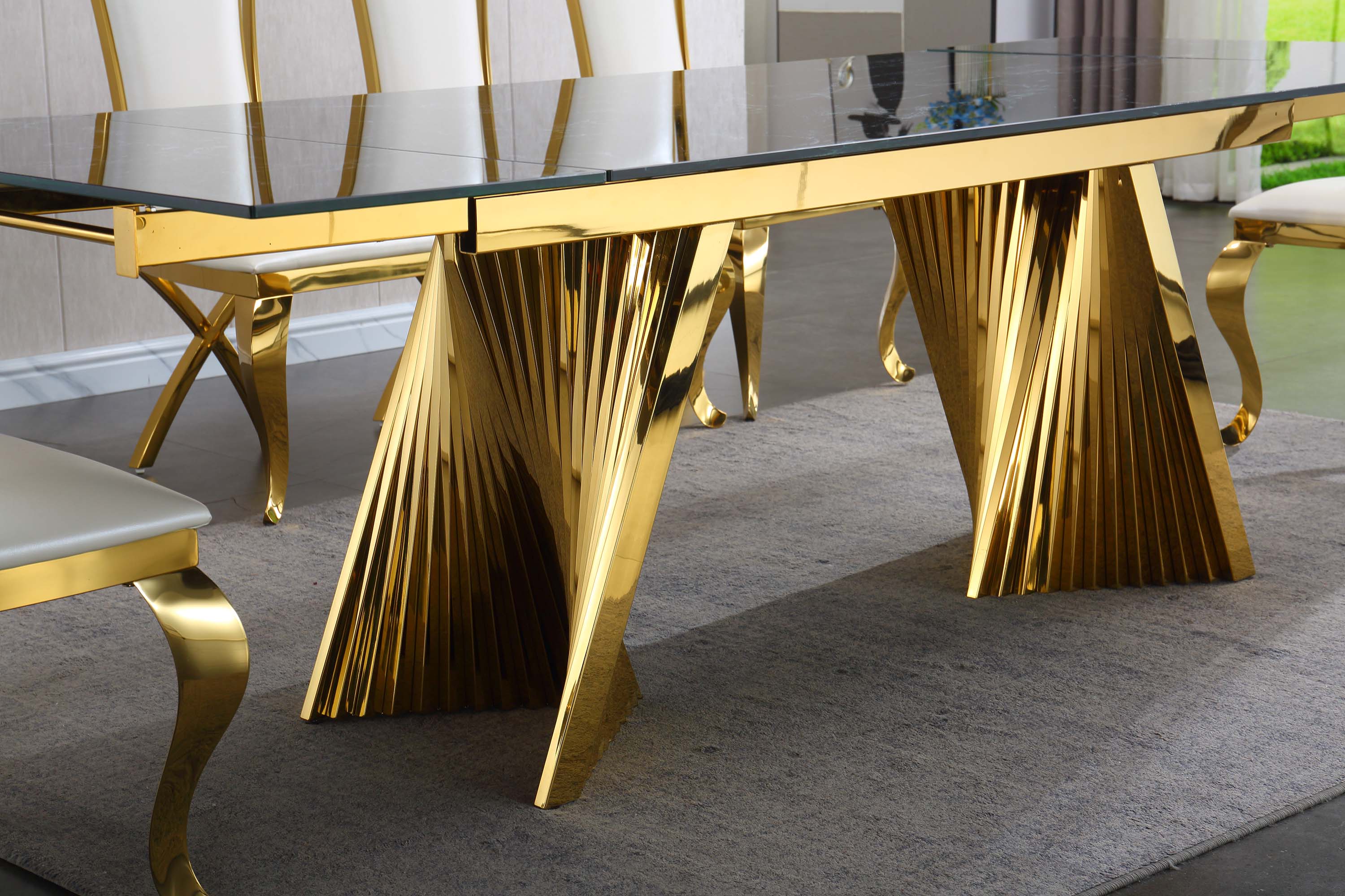 Extendable Dining Table with Marble Tempered Glass Top