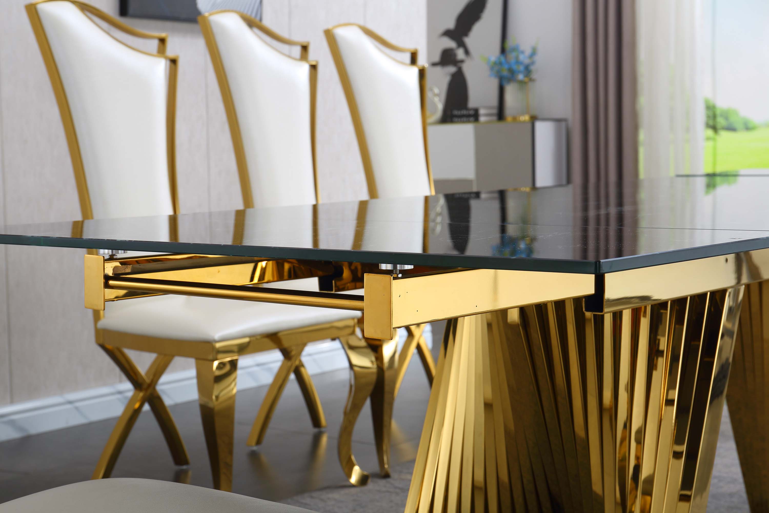 Extendable Dining Table with Marble Tempered Glass Top