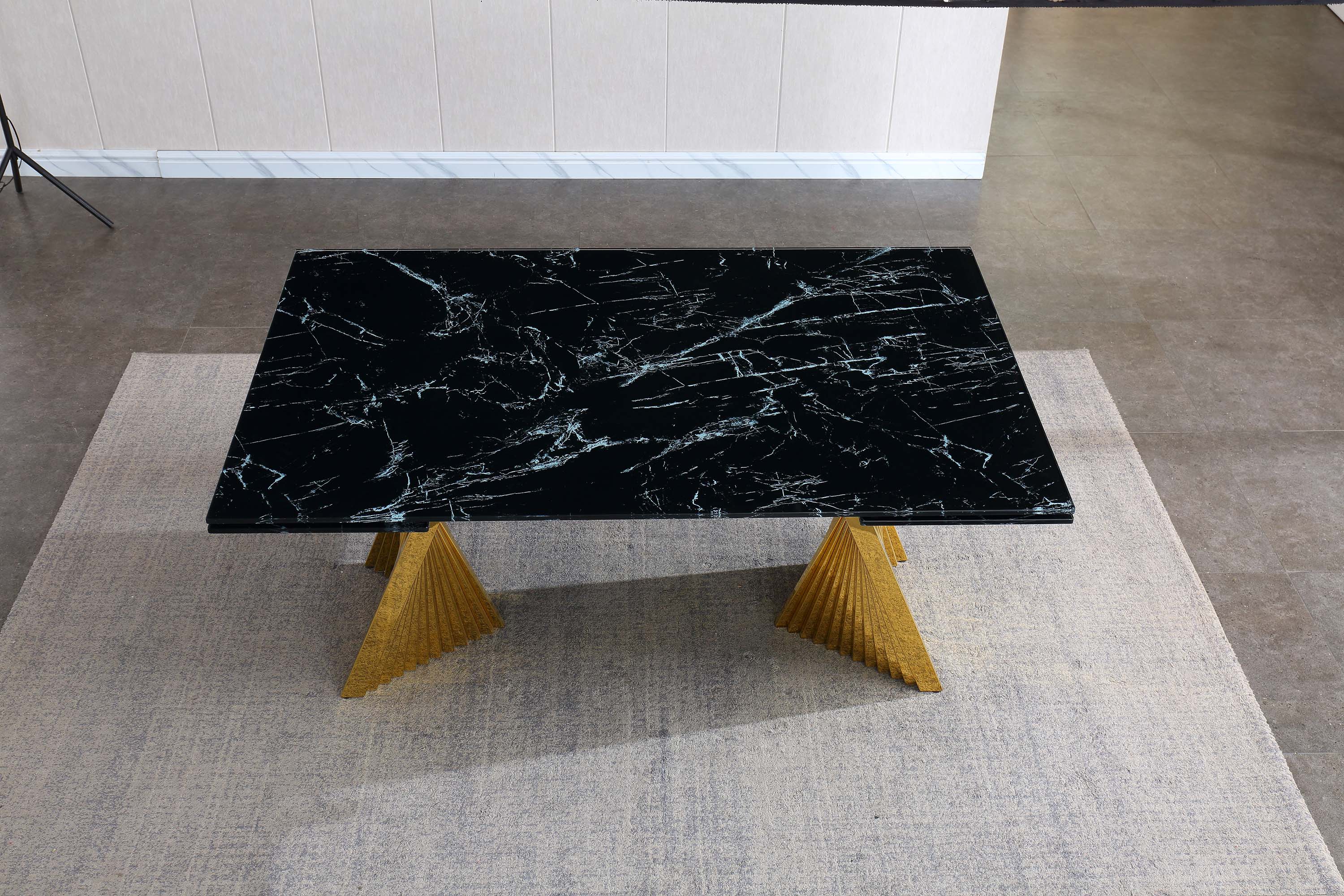 Extendable Dining Table with Marble Tempered Glass Top
