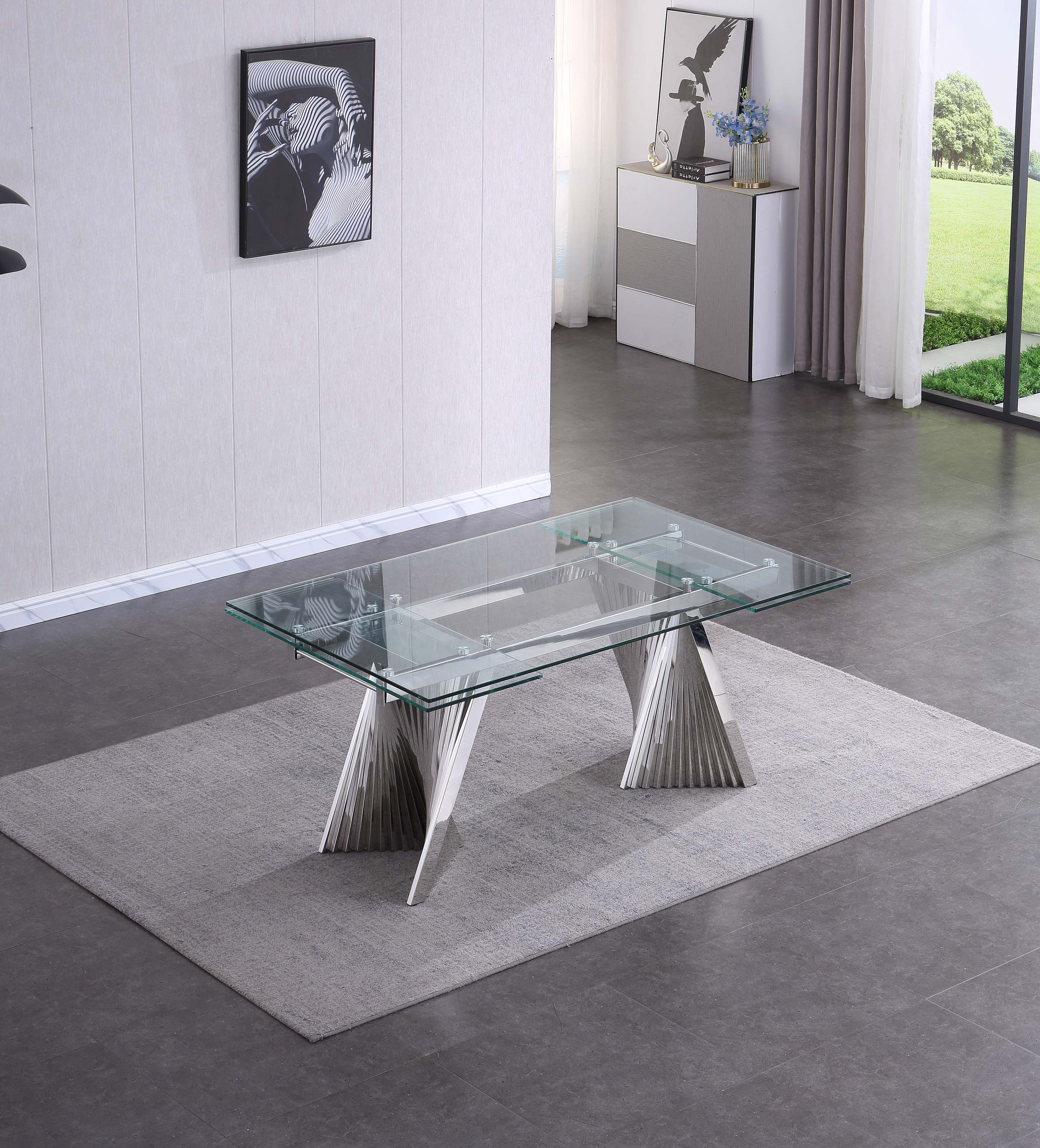 Extendable Dining Table with Marble Tempered Glass Top