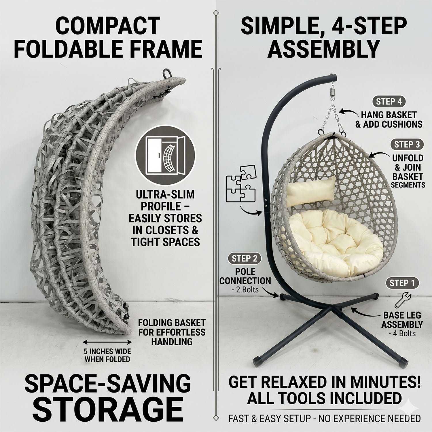 Outdoor Folding PE Rattan Hanging Egg Chair