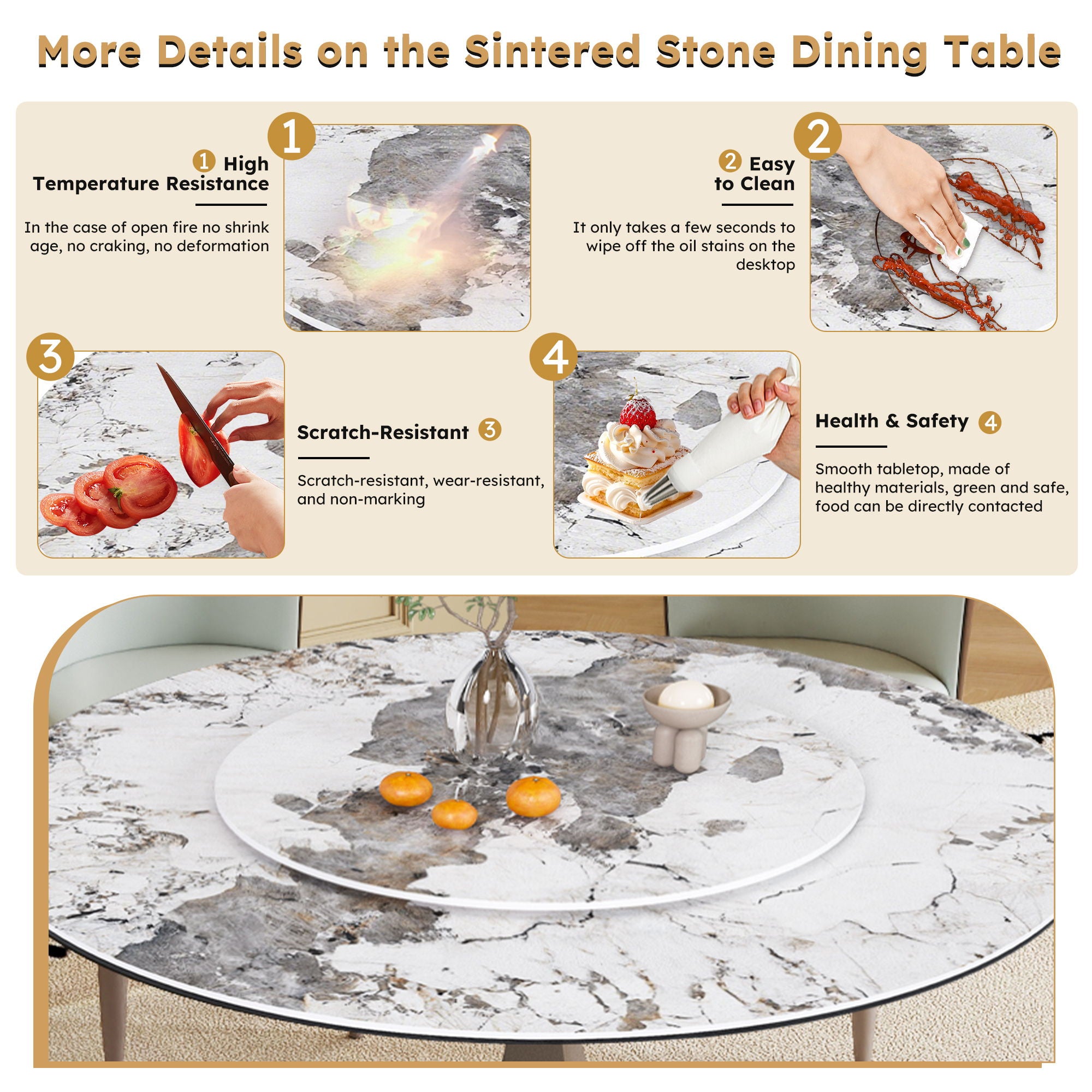 Modern Round Dining Table With 360° Rotating Lazy Susan Scratch & Chairs