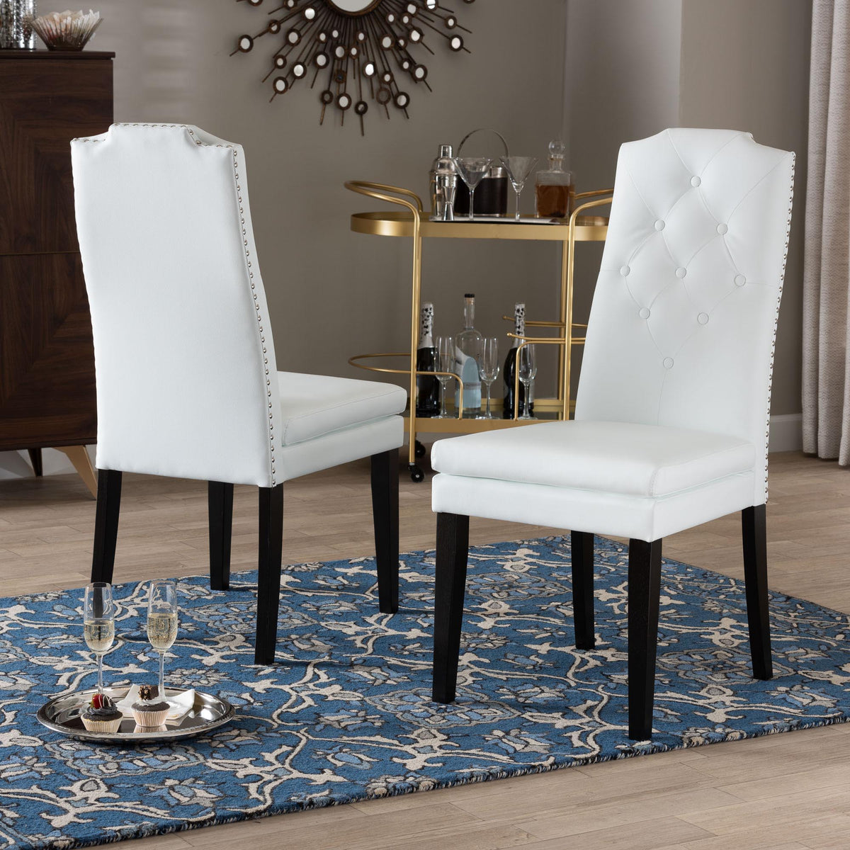 Dylin Modern and Contemporary White Faux Leather Button-Tufted Nail heads Trim Dining Chair (Set of 2)