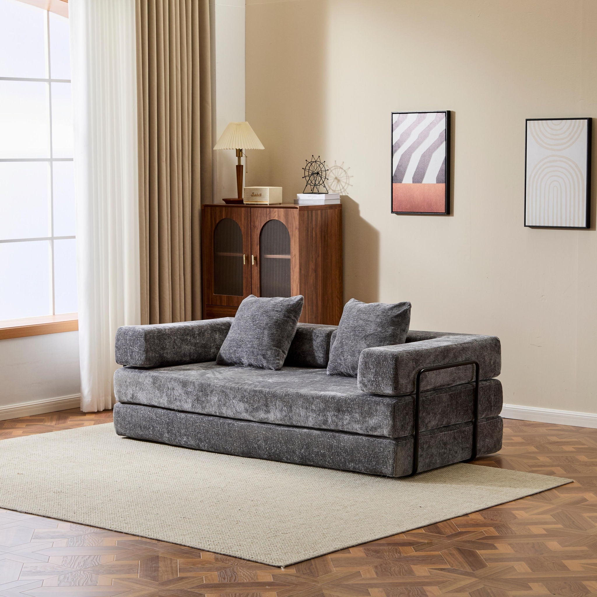 Convertible Floor Sofa Bed With Pillow Back Support Armrest