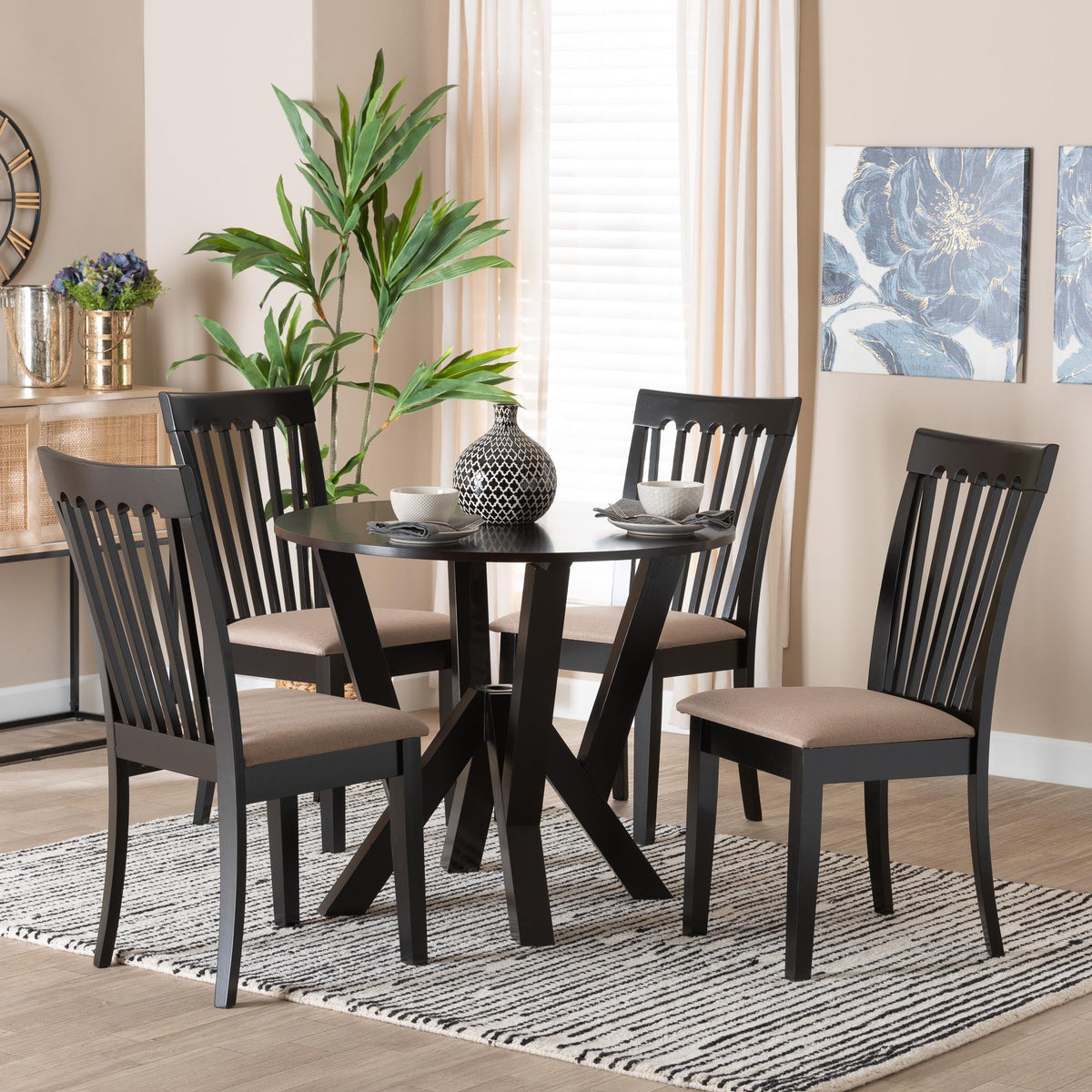 Marian Modern Sand Fabric and Dark Brown Finished Wood 5-Piece Dining Set