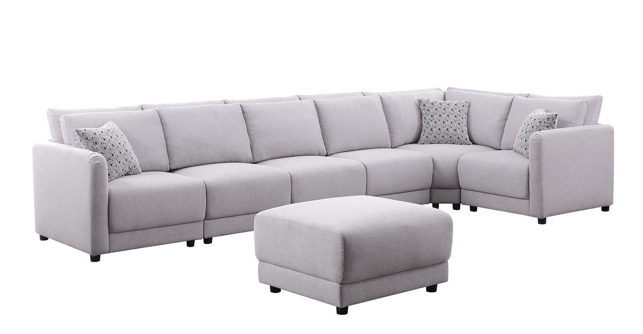 Penelope 120"W Light Gray Linen Fabric Reversible 7PC Modular Sectional Sofa with Ottoman and Pillows