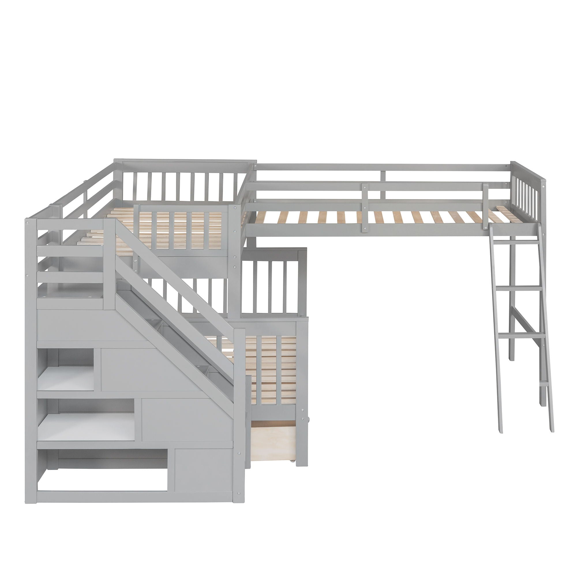 Solid L Shaped Bunk Bed With 3 Drawers, Ladder And Staircase
