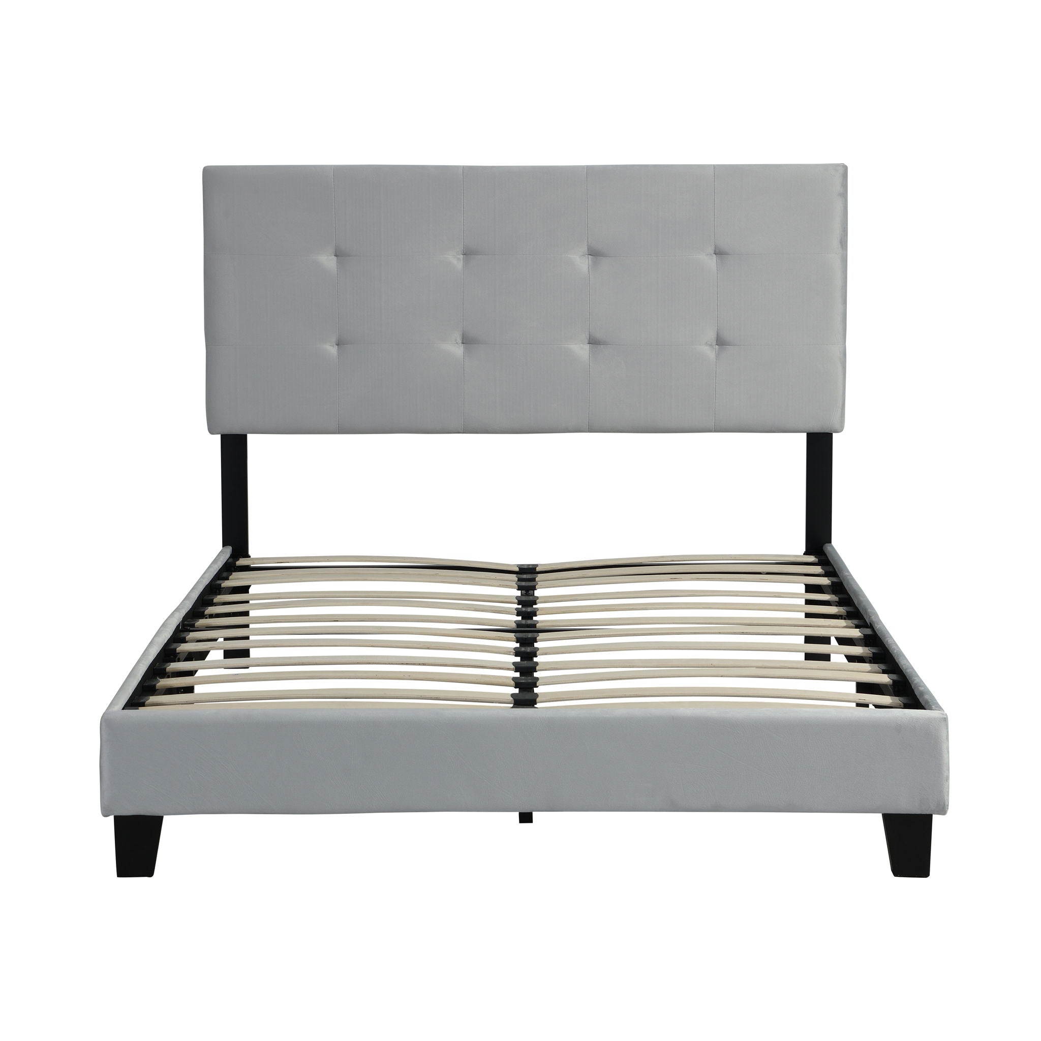 Full Size Upholstered Platform Bed Frame With Tufted Headboard, Strong Wood Slat Support - Gray