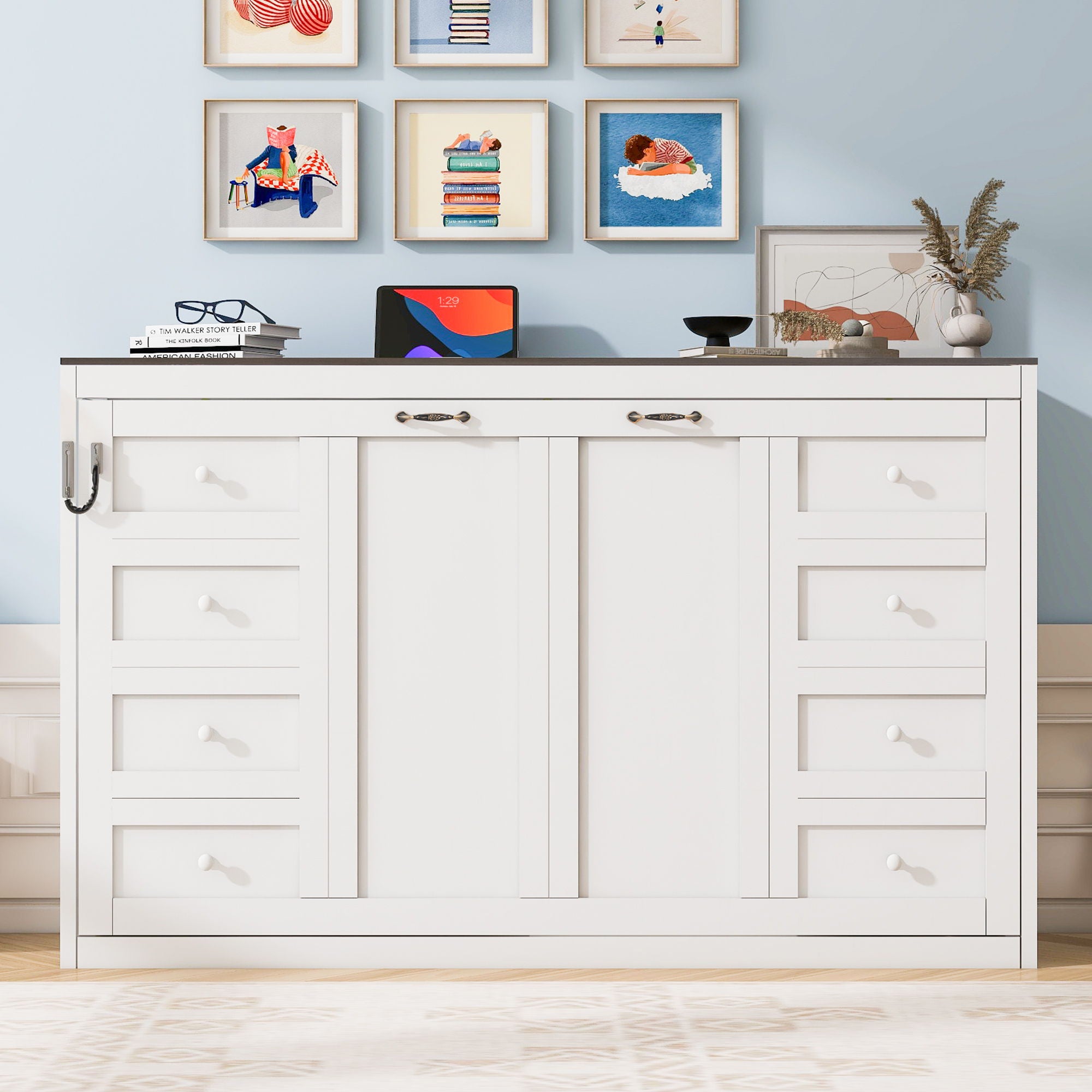 Murphy Bed With LED Light, Foldable Wall Bed Cabinet