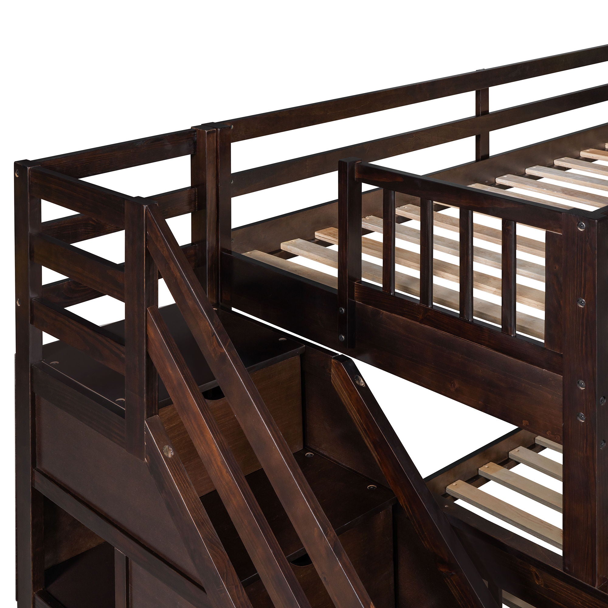 Solid L Shaped Bunk Bed With 3 Drawers, Ladder And Staircase