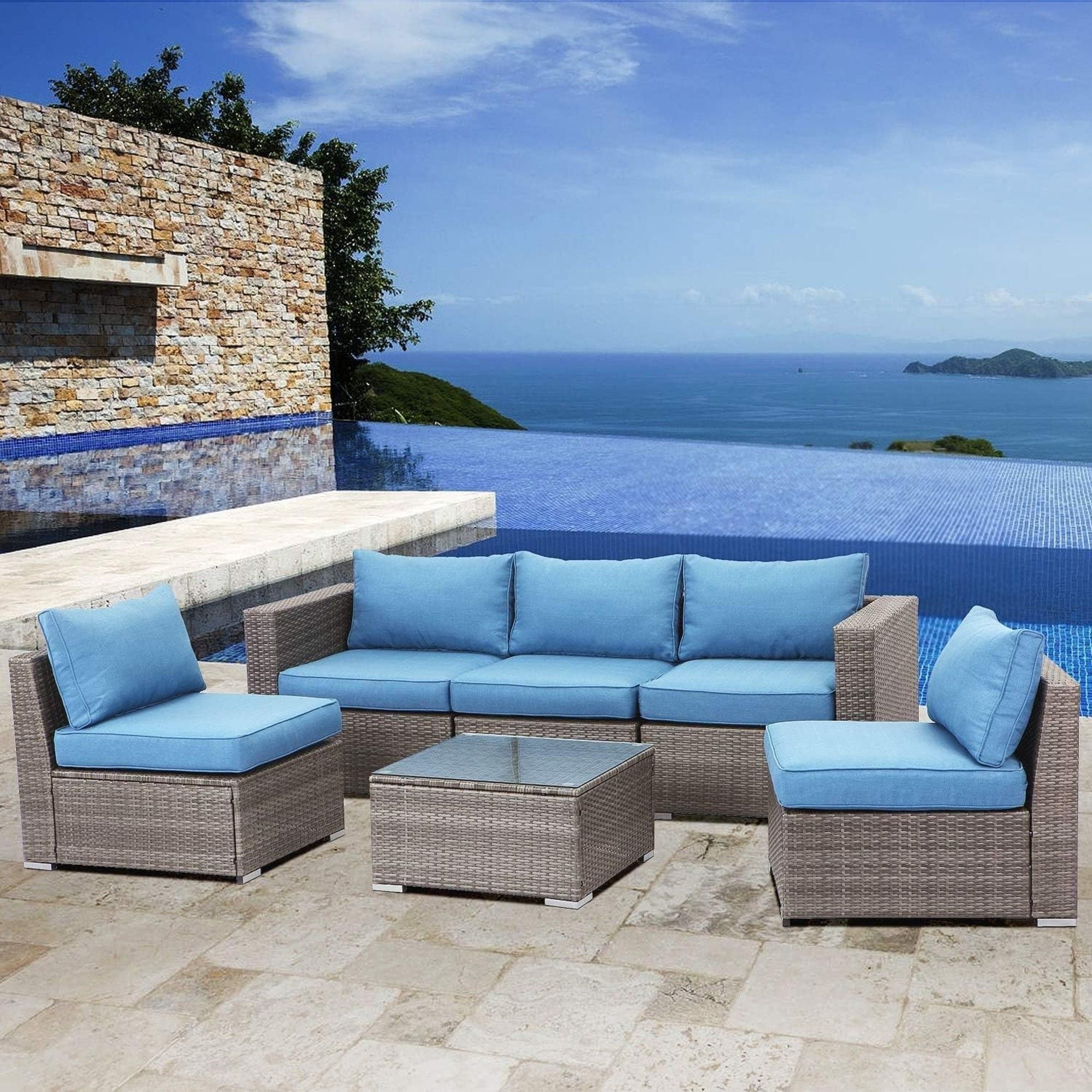 Armless Patio Sofa Set, With UV Resistant Frame And Waterproof Cushions - Blue / Brown