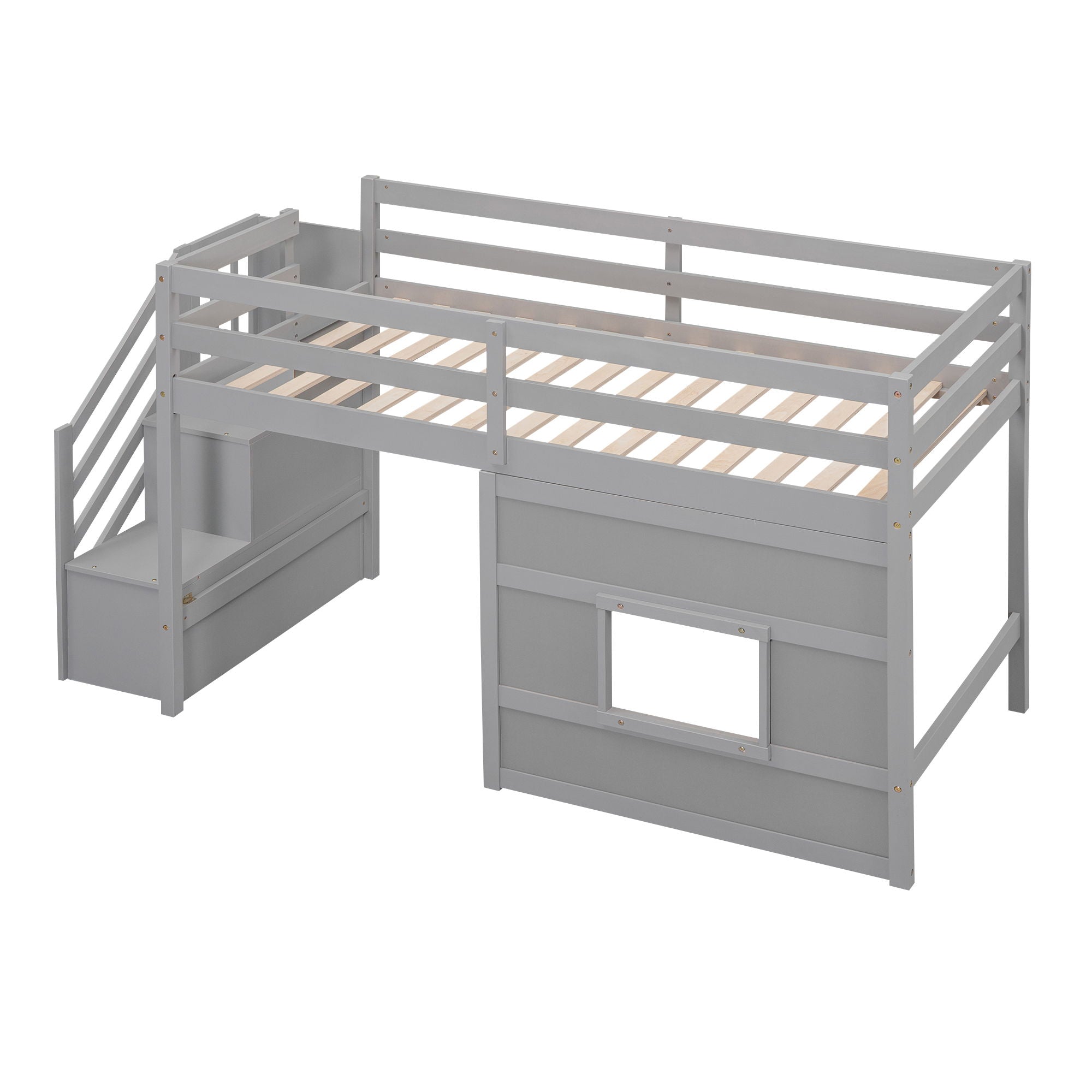 Loft Bed With Storage Staircase, Window & LED Light