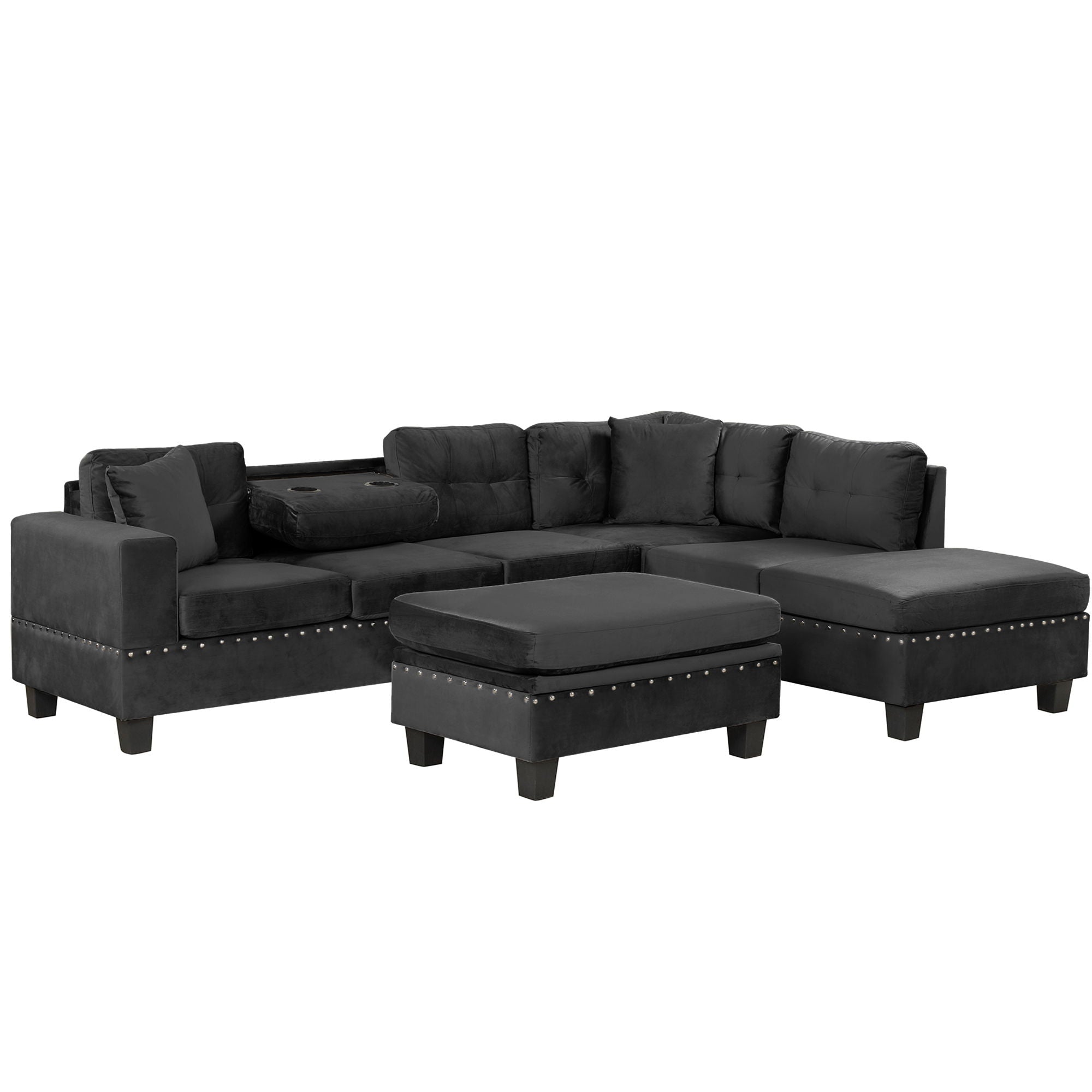 Modern Sectional Sofa With Storage Ottoman, L - Shape Couch With 2 Pillows And Cup Holders